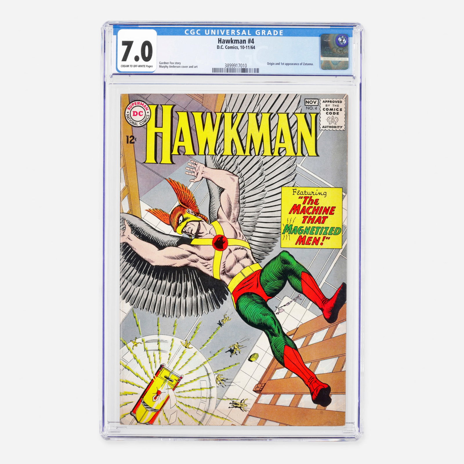 DC Comics Hawkman #4 CGC 7.0: DC Comics Hawkman #4 CGC 7.0 USA, 1964 This notable Silver Age milestone details the origin and first appearance of the beloved magical hero Zatanna. Authored by Gardner Fox with stunning cover work