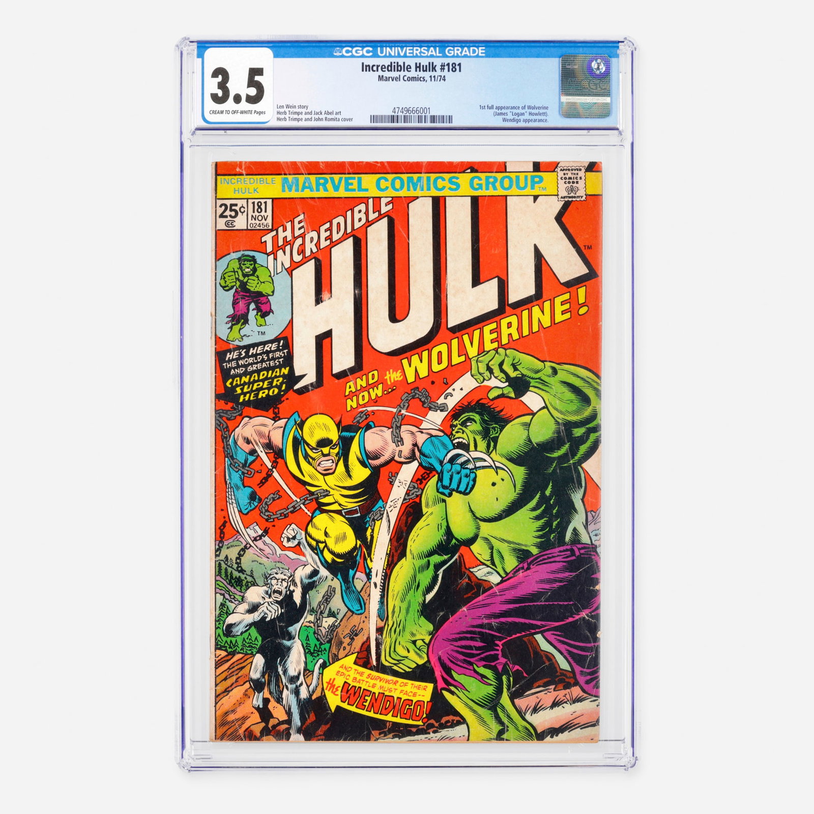Marvel Comics Incredible Hulk #181 CGC 3.5: Marvel Comics Incredible Hulk #181 CGC 3.5 USA, 1974 Belonging to the Bronze Age, this iconic issue features the historic first full appearance of Wolverine (James "Logan" Howlett) and an appearance b