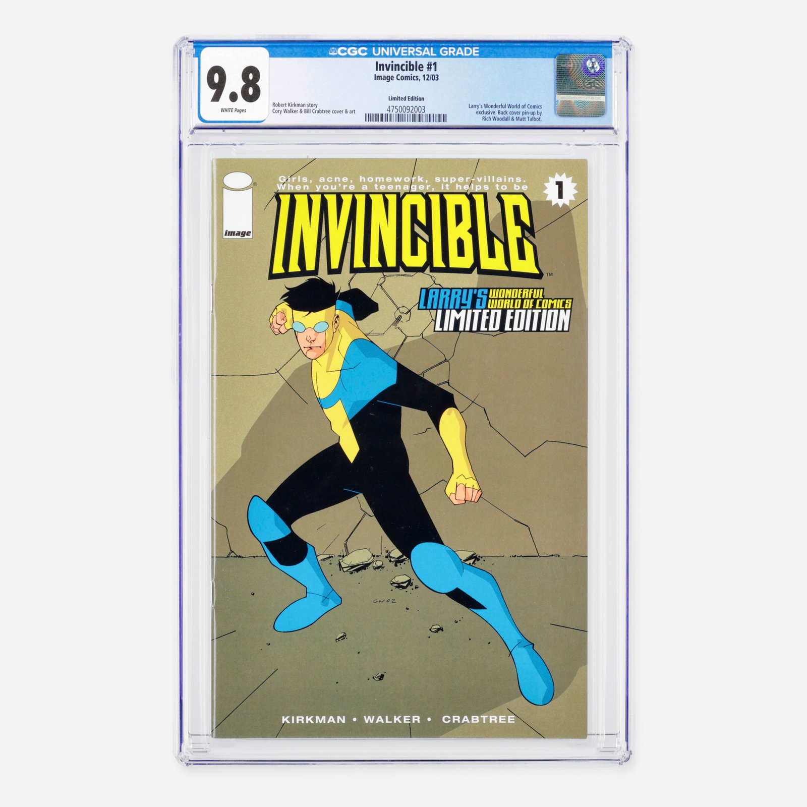 Image Comics Invincible #1 CGC 9.8 Limited Edition: Image Comics Invincible #1 CGC 9.8 Limited Edition USA, 2003 A significant Modern Age collectible, this exclusive variant features the Larry's Wonderful World of Comics exclusive release along wi
