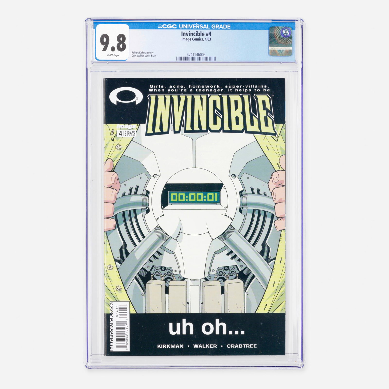 Image Comics Invincible #4 CGC 9.8: Image Comics Invincible #4 CGC 9.8 USA, 2003 This early Modern Age issue continues the foundation of the celebrated superhero epic with compelling storytelling. The creative vision is delivered throug