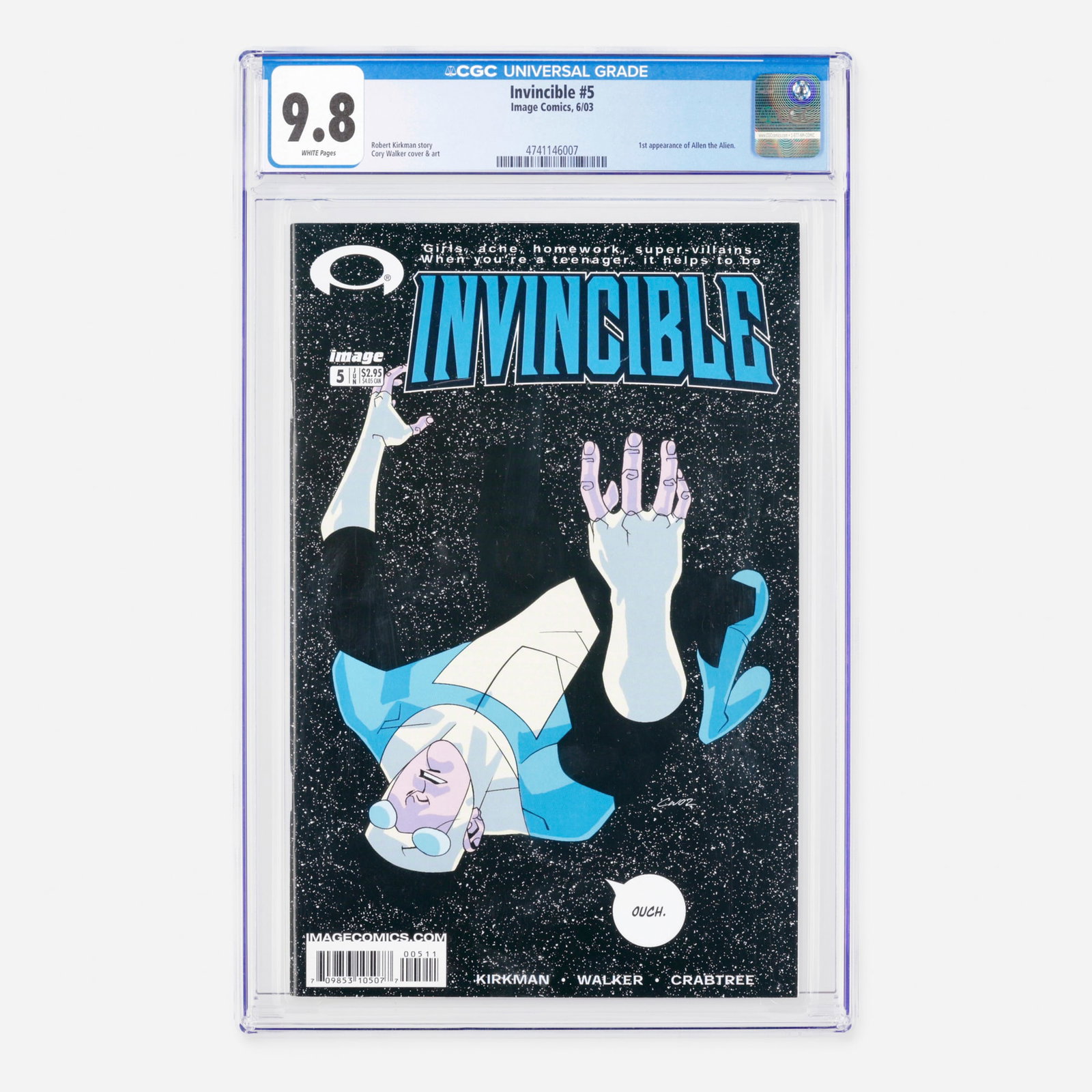Image Comics Invincible #5 CGC 9.8: Image Comics Invincible #5 CGC 9.8 USA, 2003 This Modern Age issue presents the first appearance of Allen the Alien. The visionary writing and distinctive interior and cover artwork were created by Ro