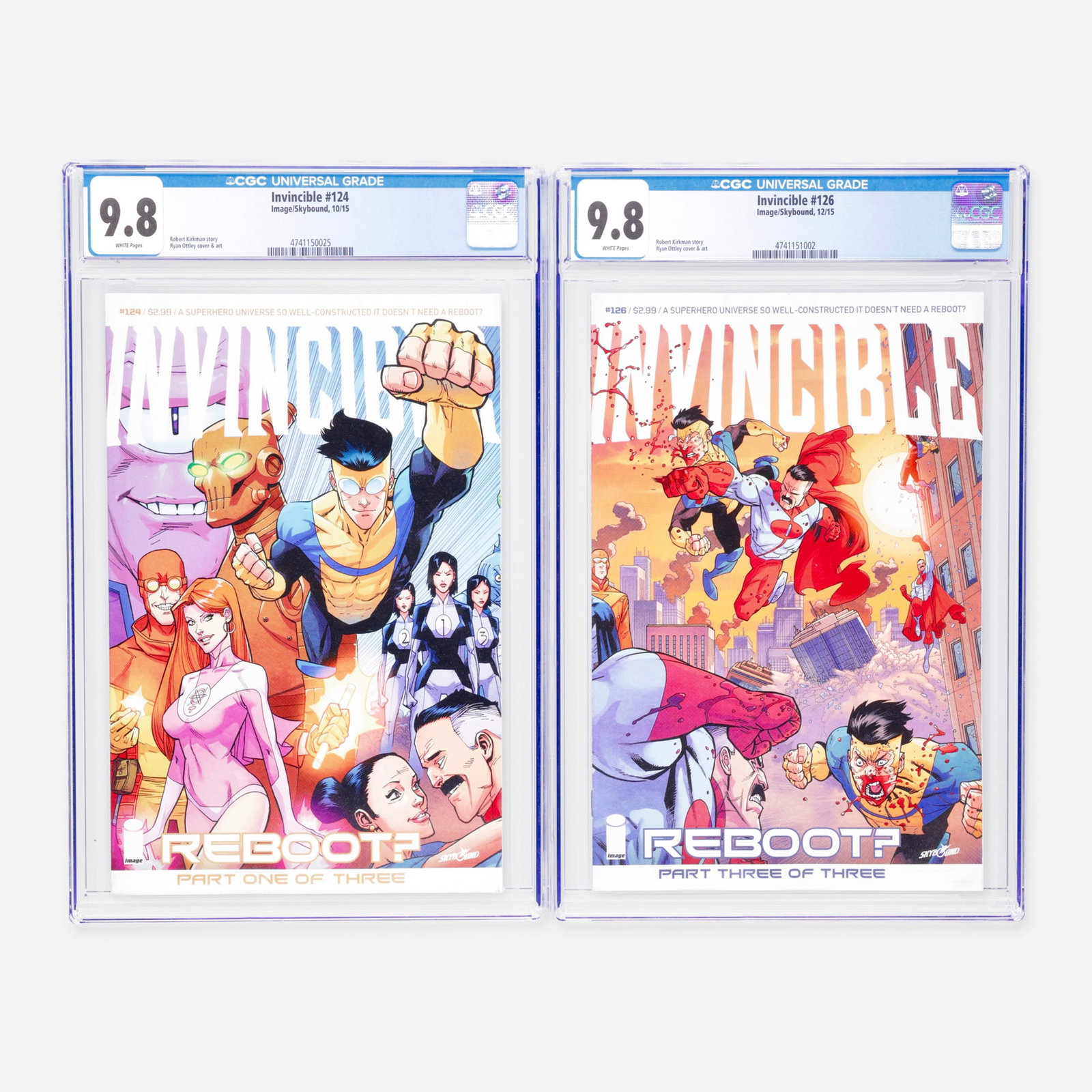 2 Image/Skybound Invincible #124 and #126 CGC 9.8 Group: 2 Image/Skybound Invincible #124 and #126 CGC 9.8 Group USA, 2015 Image/Skybound Invincible #124 CGC 9.8 (10/15) CGC#: 4741150025 Population: 68 in 9.8, 0 higher
