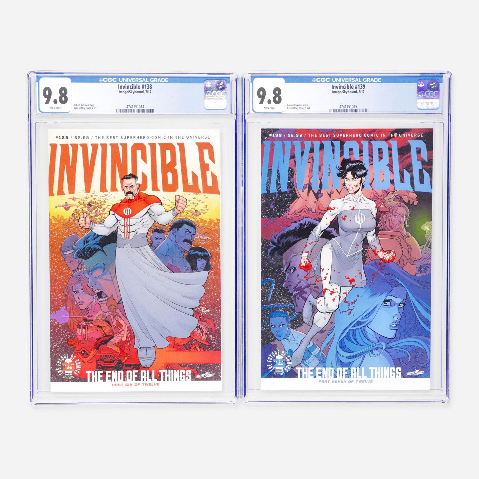 2 Image/Skybound Invincible #138 and #139 CGC 9.8 Group: 2 Image/Skybound Invincible #138 and #139 CGC 9.8 Group USA, 2017 Image/Skybound Invincible #138 CGC 9.8 (7/17) CGC#: 4741151014 Population: 61 in 9.8, 0 higher