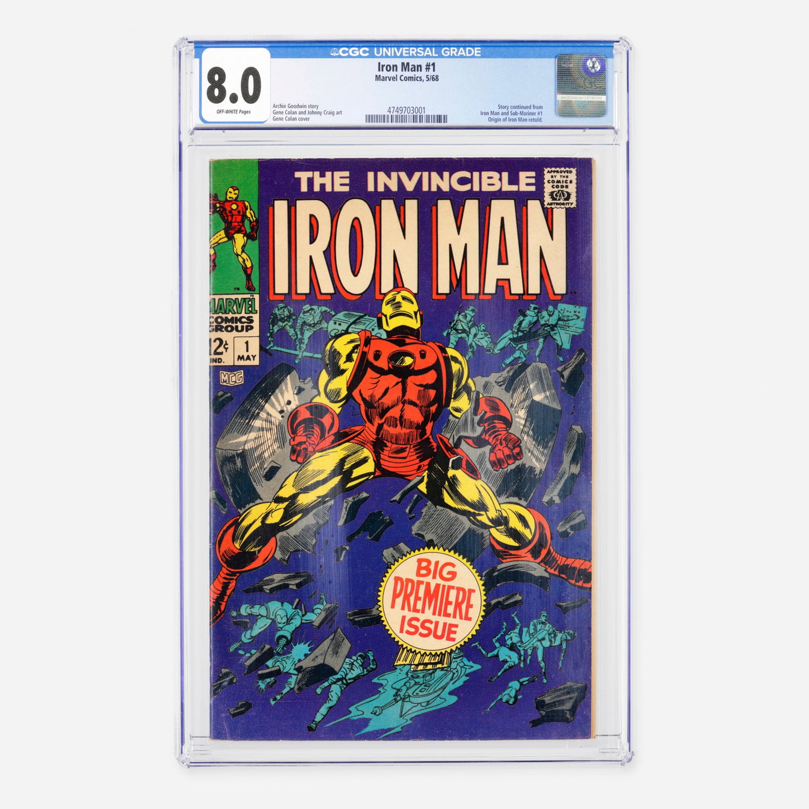 Marvel Comics Iron Man #1 CGC 8.0: Marvel Comics Iron Man #1 CGC 8.0 USA, 1968 This landmark Silver Age premiere features the origin of Iron Man retold, with the story directly continuing from Iron Man and Sub-Mariner #1. The classic n