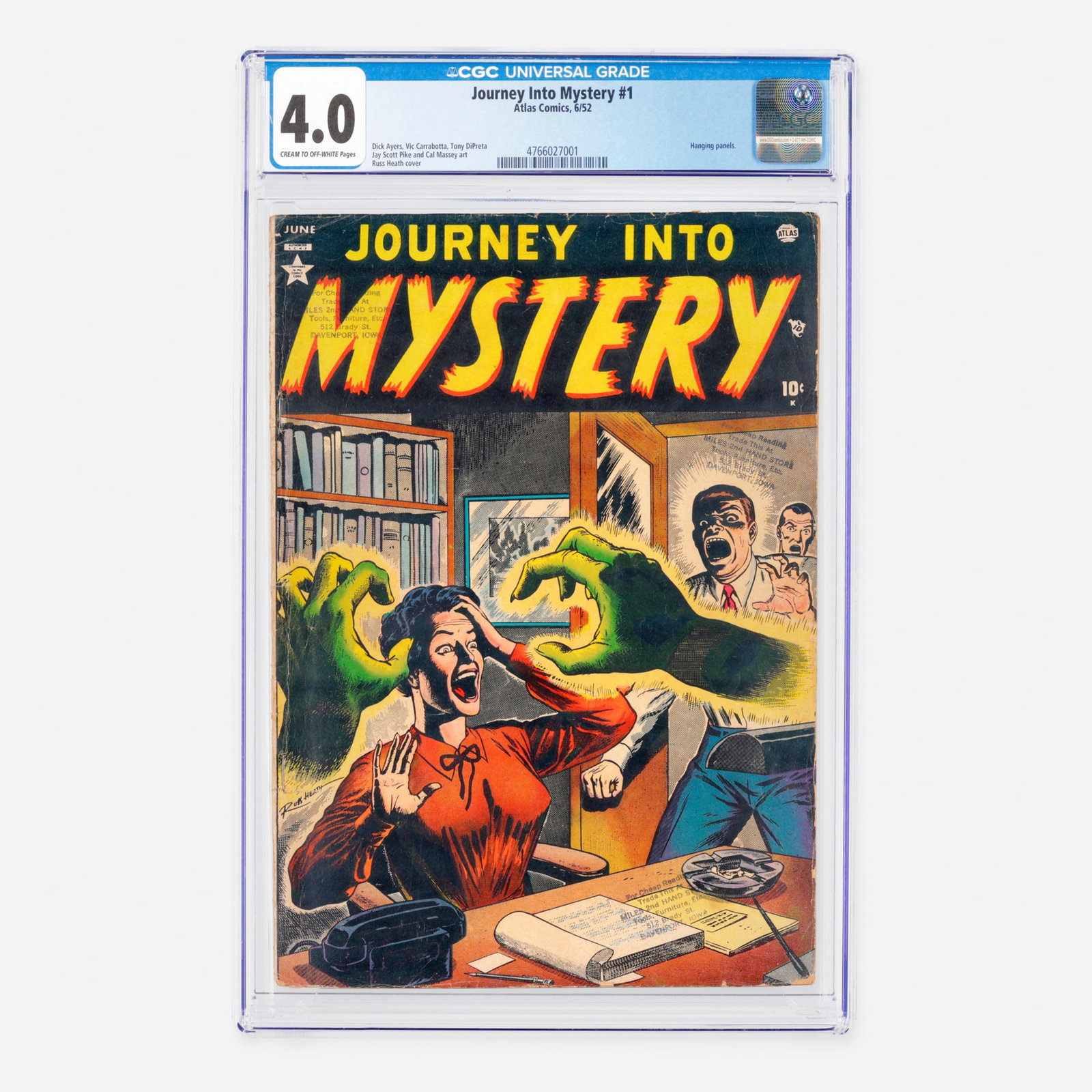 Atlas Comics Journey Into Mystery #1 CGC 4.0: Atlas Comics Journey Into Mystery #1 CGC 4.0 USA, 1952 Set in the Golden Age, this premiere issue features memorable hanging panels. It includes interior artwork by Dick Ayers, Vic Carrabotta, Tony Di