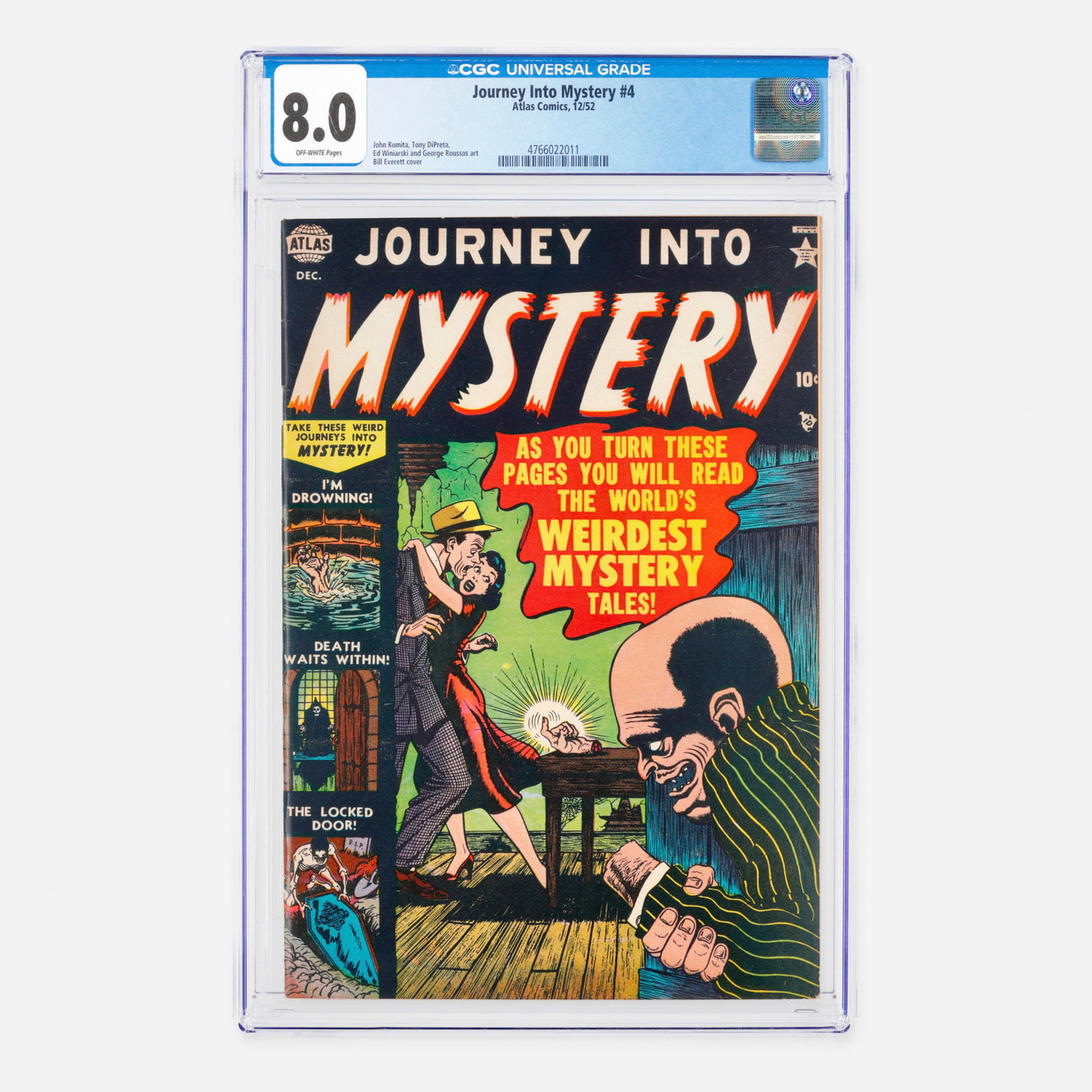 Atlas Comics Journey Into Mystery #4 CGC 8.0: Atlas Comics Journey Into Mystery #4 CGC 8.0 USA, 1952 Hailing from the Golden Age, this issue showcases dynamic interior work by artists John Romita, Tony DiPreta, Ed Winiarski, and George Roussos, c
