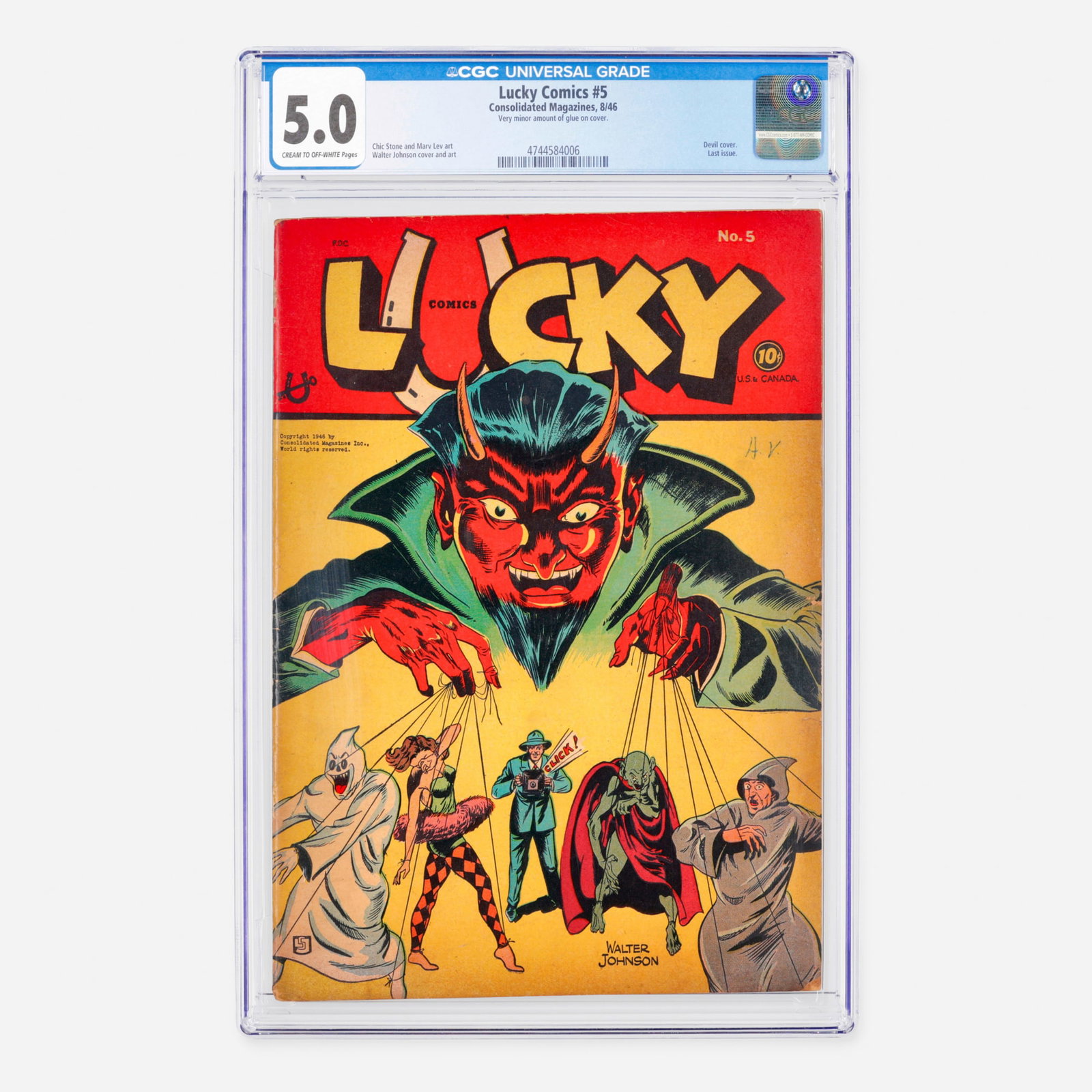 Consolidated Magazines Lucky Comics #5 CGC 5.0: Consolidated Magazines Lucky Comics #5 CGC 5.0 USA, 1946 Rooted in the Golden Age, this final issue features a striking devil cover marking the conclusion of the series. The artistic and narrative vis