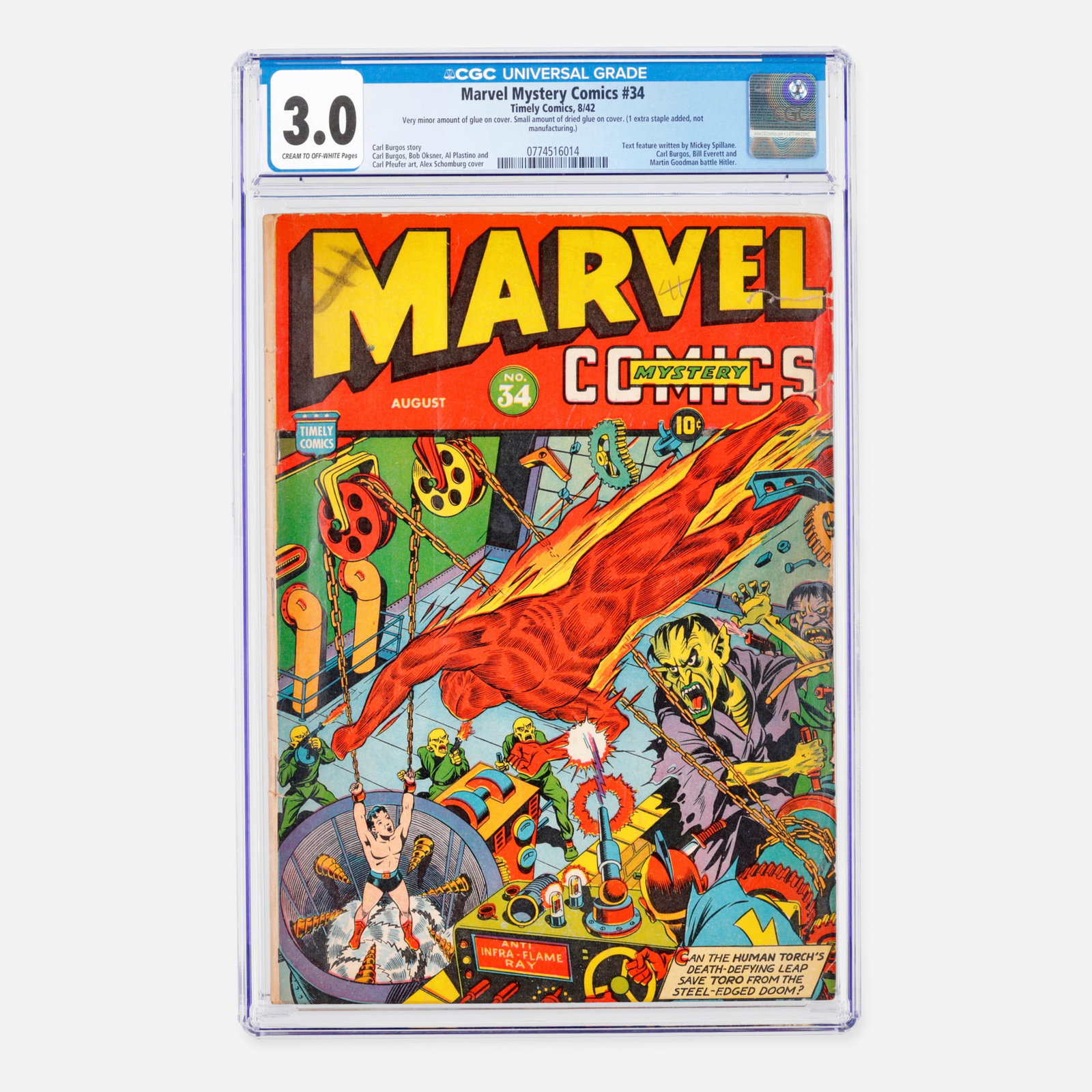Timely Comics Marvel Mystery Comics #34 CGC 3.0: Timely Comics Marvel Mystery Comics #34 CGC 3.0 USA, 1942 Hailing from the Golden Age, this historic issue features a fascinating text feature written by Mickey Spillane and a surreal scene where crea
