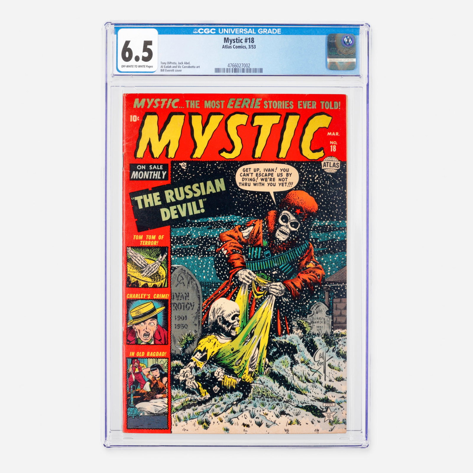 Atlas Comics Mystic #18 CGC 6.5: Atlas Comics Mystic #18 CGC 6.5 USA, 1953 Set in the Golden Age, this captivating issue features interior art by Tony DiPreta, Jack Abel, Al Eadah, and Vic Carrabotta, complemented by a striking cover