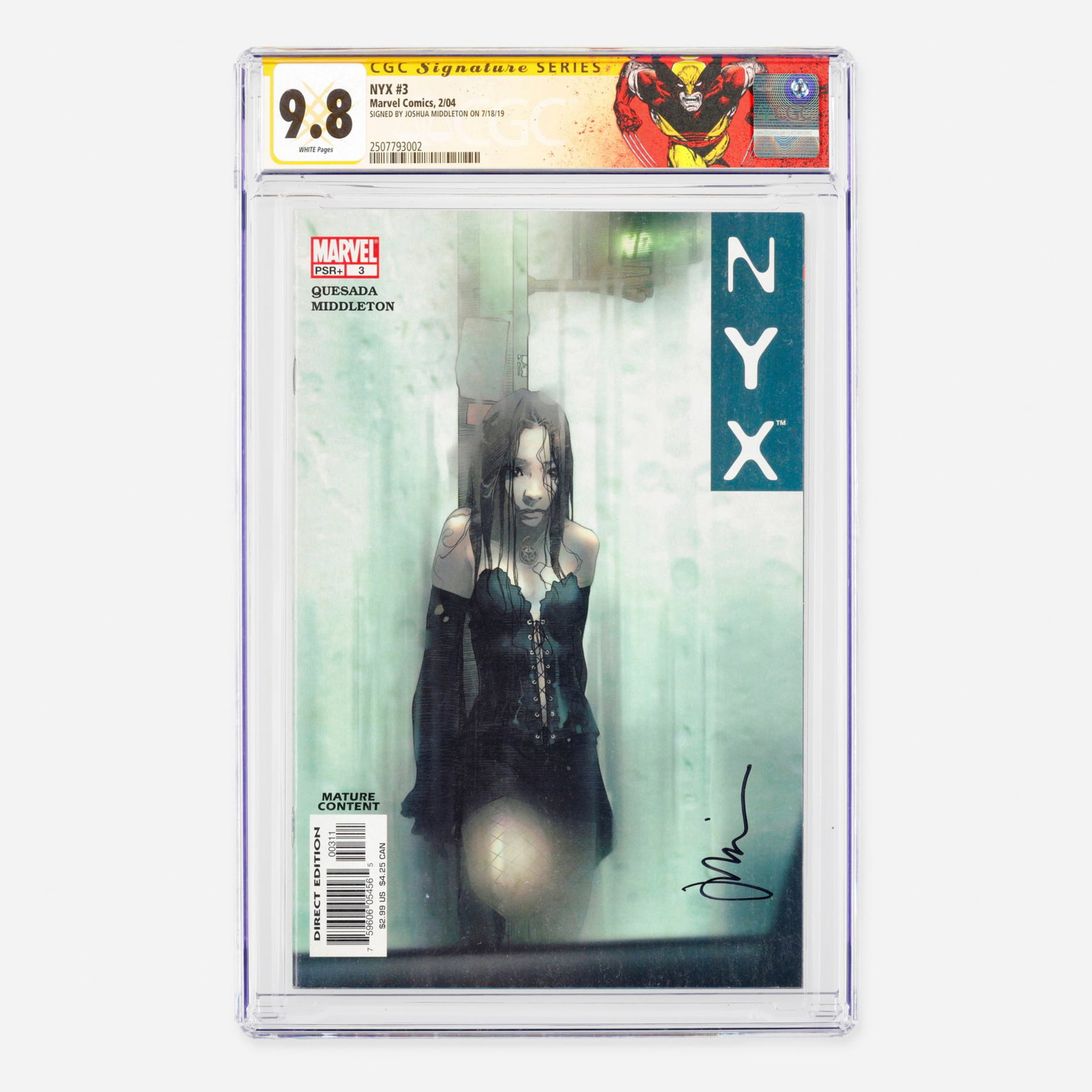 Marvel Comics NYX #3 CGC 9.8 Signature Series Joshua Middleton: Marvel Comics NYX #3 CGC 9.8 Signature Series Joshua Middleton USA, 2004 A highly sought-after Modern Age key issue featuring the first appearance of X-23 (Laura Kinney). The pivotal story is written 