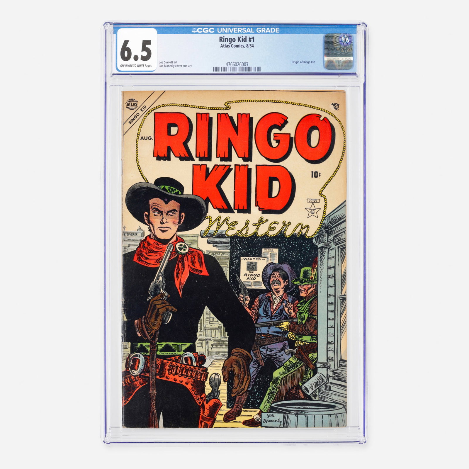 Atlas Comics Ringo Kid #1 CGC 6.5: Atlas Comics Ringo Kid #1 CGC 6.5 USA, 1954 Set in the Golden Age, this classic issue marks the origin of the Ringo Kid. It features interior art by Joe Sinnott alongside cover and interior work by Jo