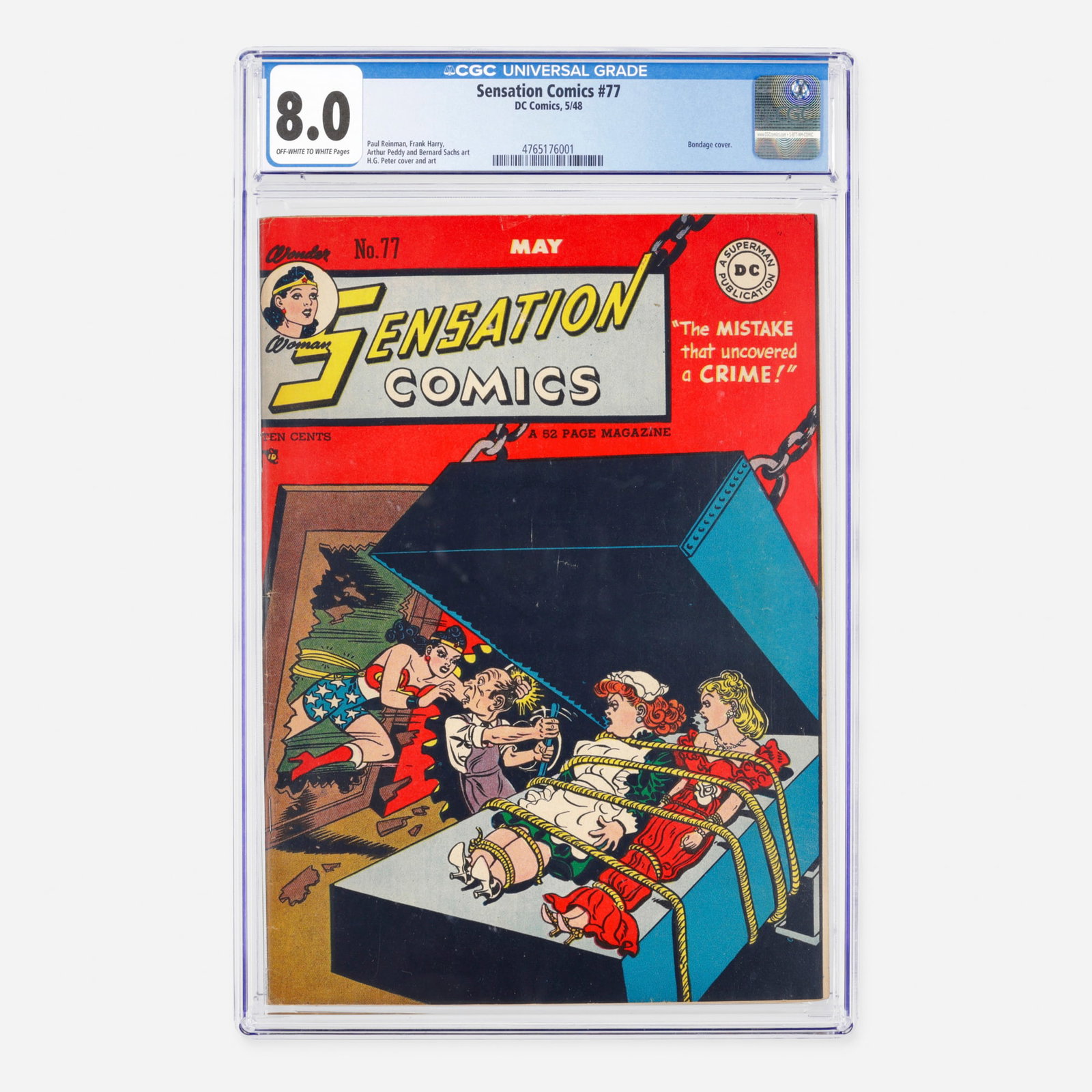 DC Comics Sensation Comics #77 CGC 8.0: DC Comics Sensation Comics #77 CGC 8.0 USA, 1948 Rooted in the Golden Age, this collectible issue features a striking bondage cover. It includes interior artwork by Paul Reinman, Frank Harry, Arthur P