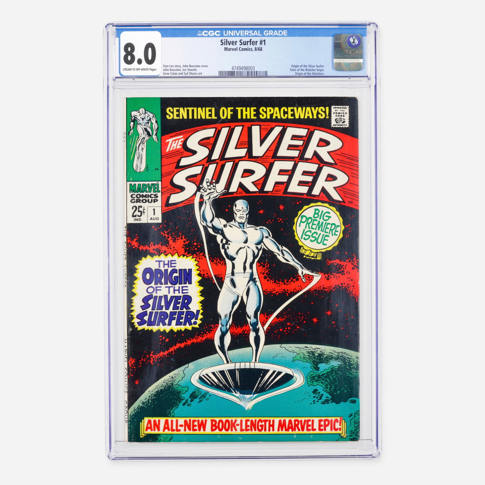 Marvel Comics Silver Surfer #1 CGC 8.0: Marvel Comics Silver Surfer #1 CGC 8.0 USA, 1968 A classic Silver Age premier issue featuring the origin of the Silver Surfer, the origin of the Watchers, and the beginning of the Tales of the Watcher