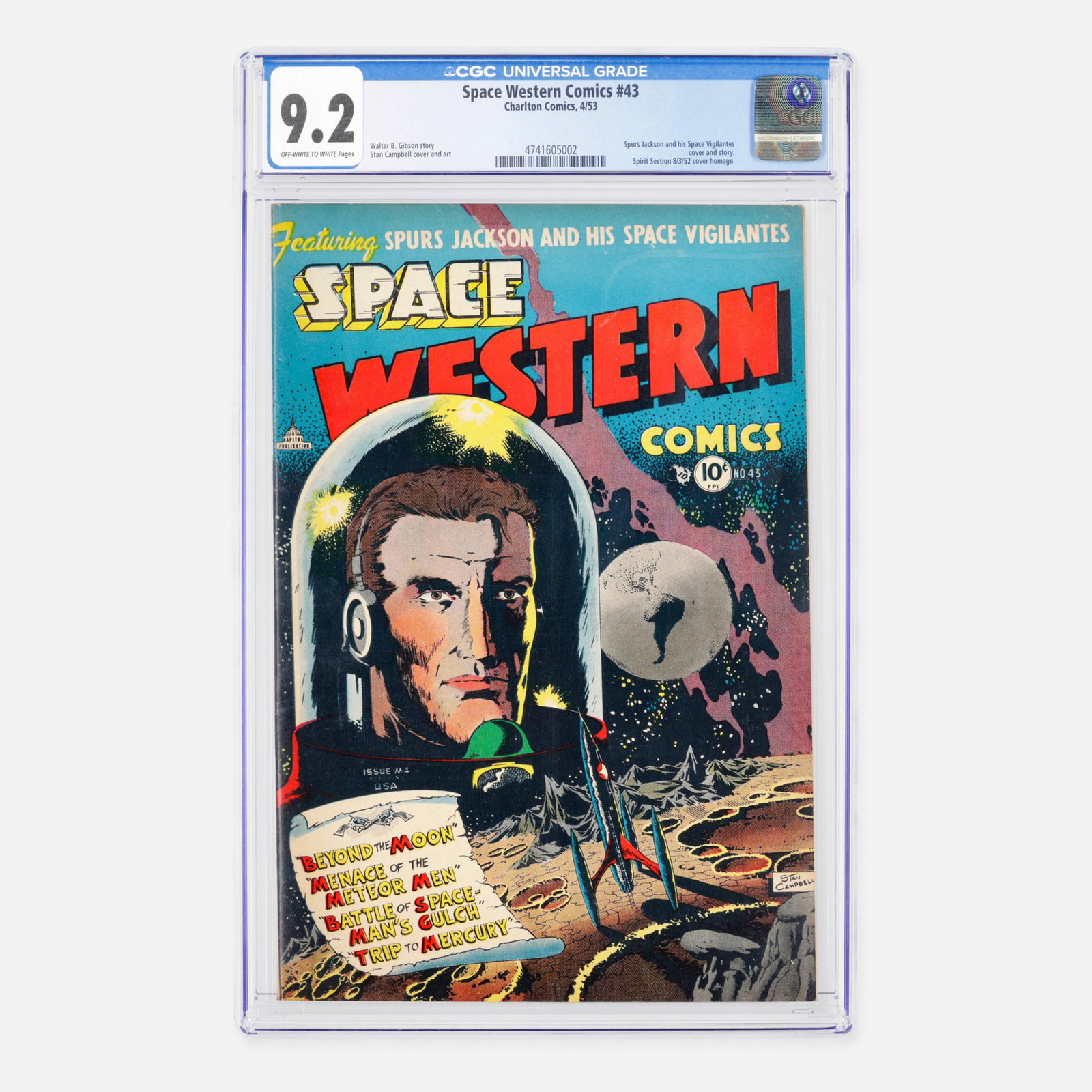 Charlton Comics Space Western Comics #43 CGC 9.2: Charlton Comics Space Western Comics #43 CGC 9.2 USA, 1953 Set in the Golden Age, this exciting issue features the adventures of Spurs Jackson and his Space Vigilantes, including a notable Will Eisner