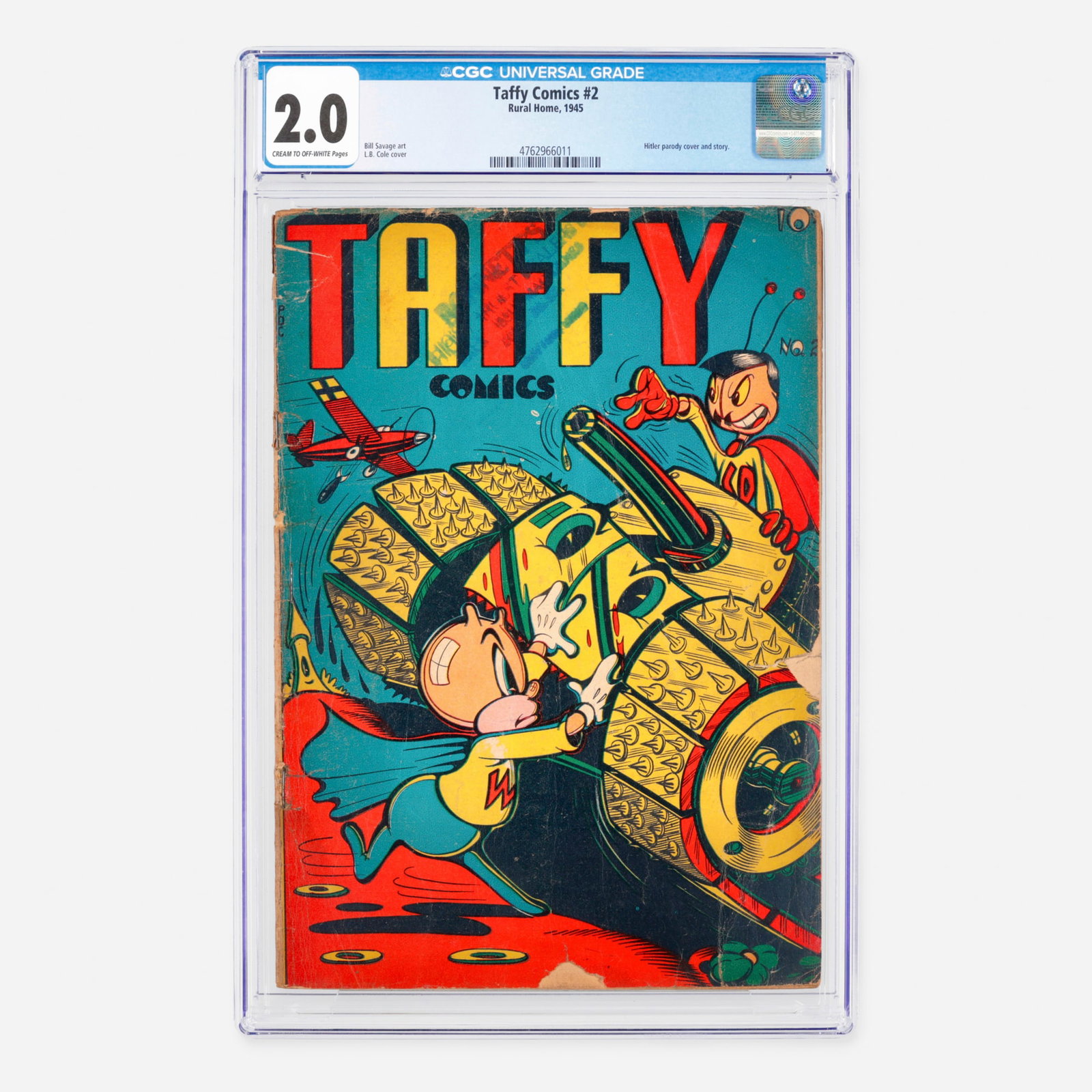 Rural Home Taffy Comics #2 CGC 2.0: Rural Home Taffy Comics #2 CGC 2.0 USA, 1945 Rooted in the Golden Age, this rare historical issue features a provocative Hitler parody cover and story. It includes interior artwork by Bill Savage alon