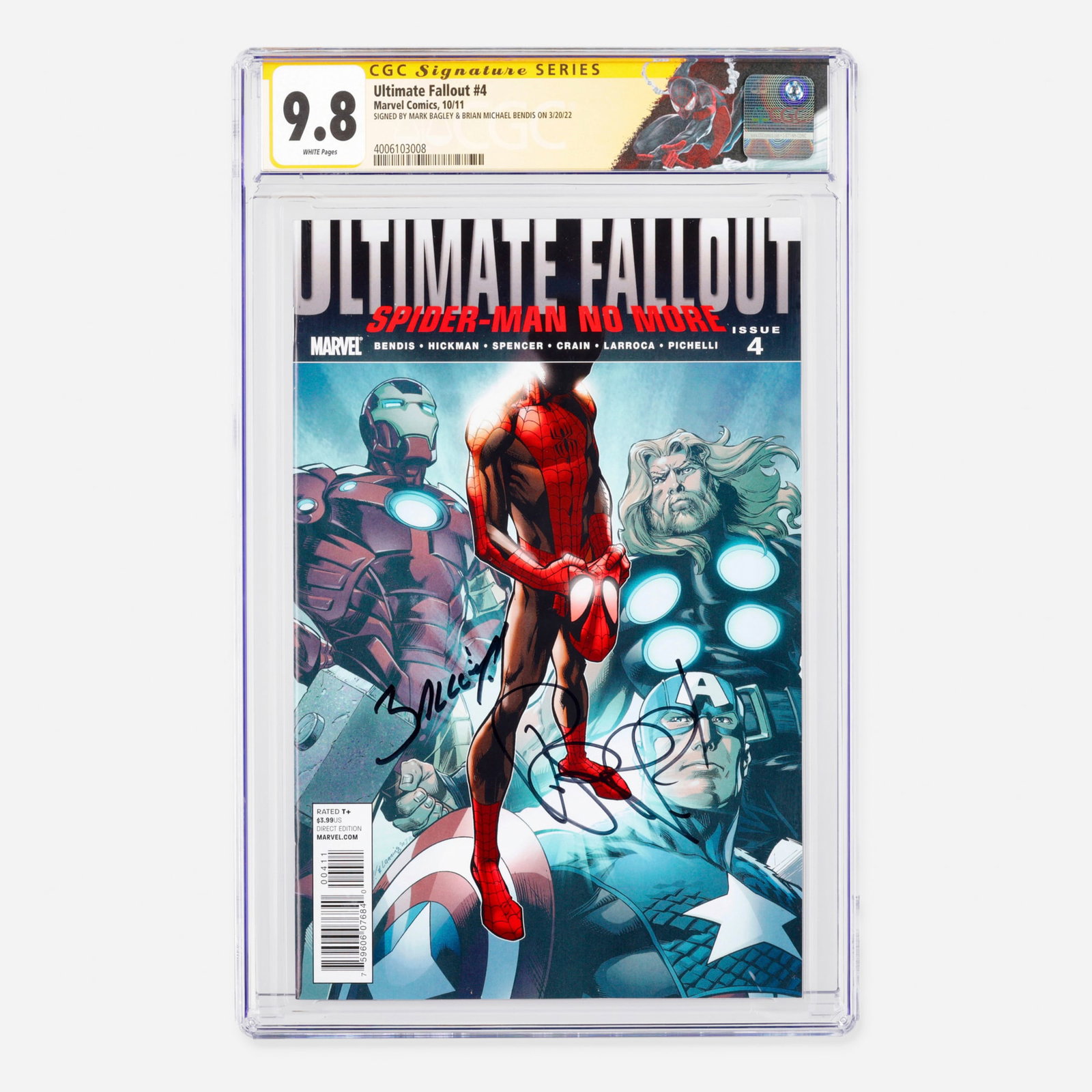 Marvel Comics Ultimate Fallout #4 CGC 9.8 Signature Series Mark Bagley and Brian Michael Bendis: Marvel Comics Ultimate Fallout #4 CGC 9.8 Signature Series Mark Bagley and Brian Michael Bendis USA, 2011 This significant Modern Age book marks the historic first appearance of the new Spider-Man (Mi