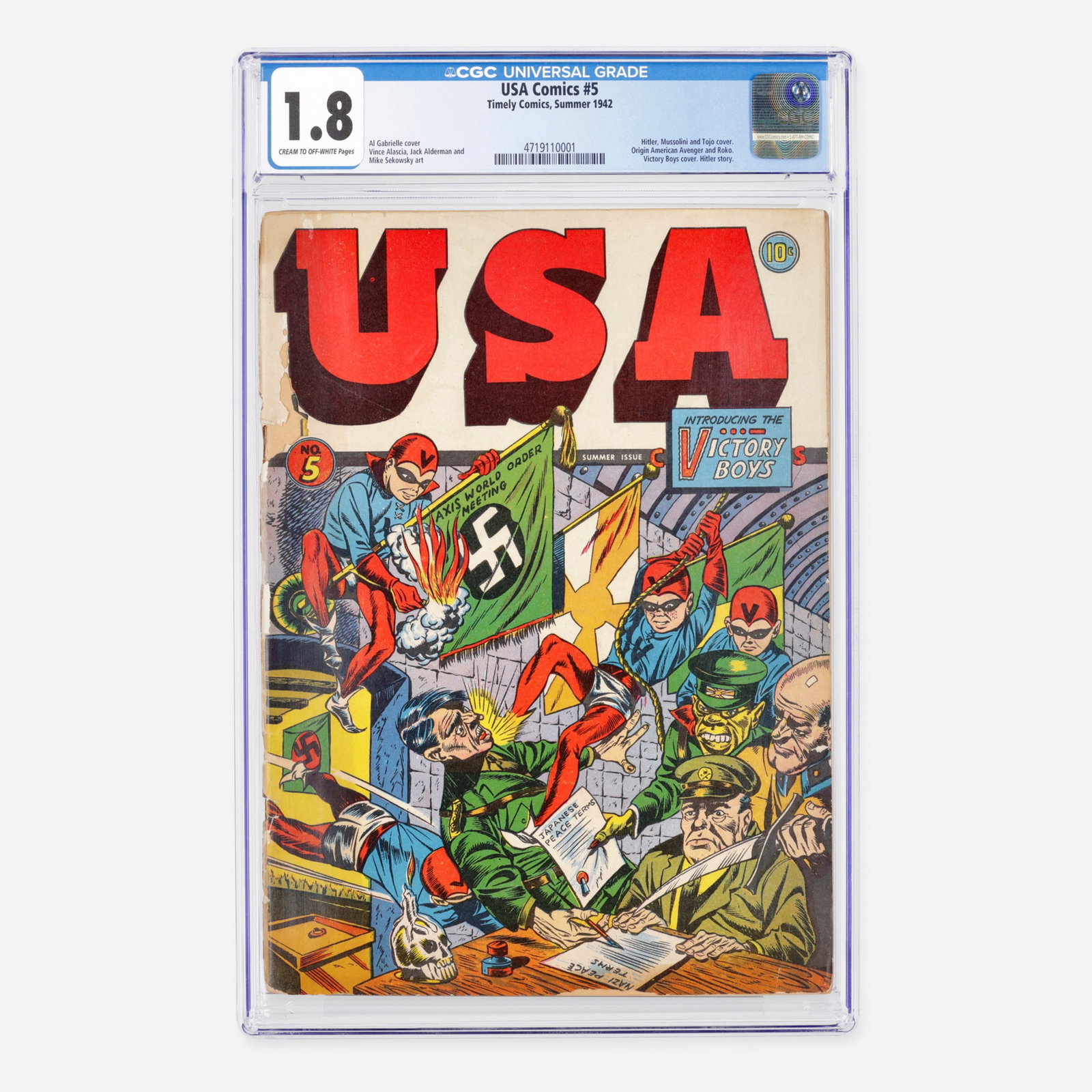 Timely Comics USA Comics #5 CGC 1.8: Timely Comics USA Comics #5 CGC 1.8 USA, 1942 A striking Golden Age war-era issue featuring a memorable Hitler, Mussolini, and Tojo cover, along with the origin of American Avenger and Roko, the Victo