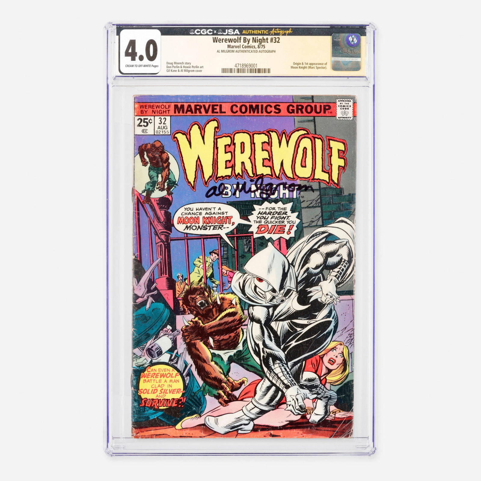 Marvel Comics Werewolf By Night #32 CGC 4.0 JSA Al Milgrom: Marvel Comics Werewolf By Night #32 CGC 4.0 JSA Al Milgrom USA, 1975 A monumental Bronze Age milestone featuring the origin and first appearance of Moon Knight (Marc Spector). The iconic narrative is 