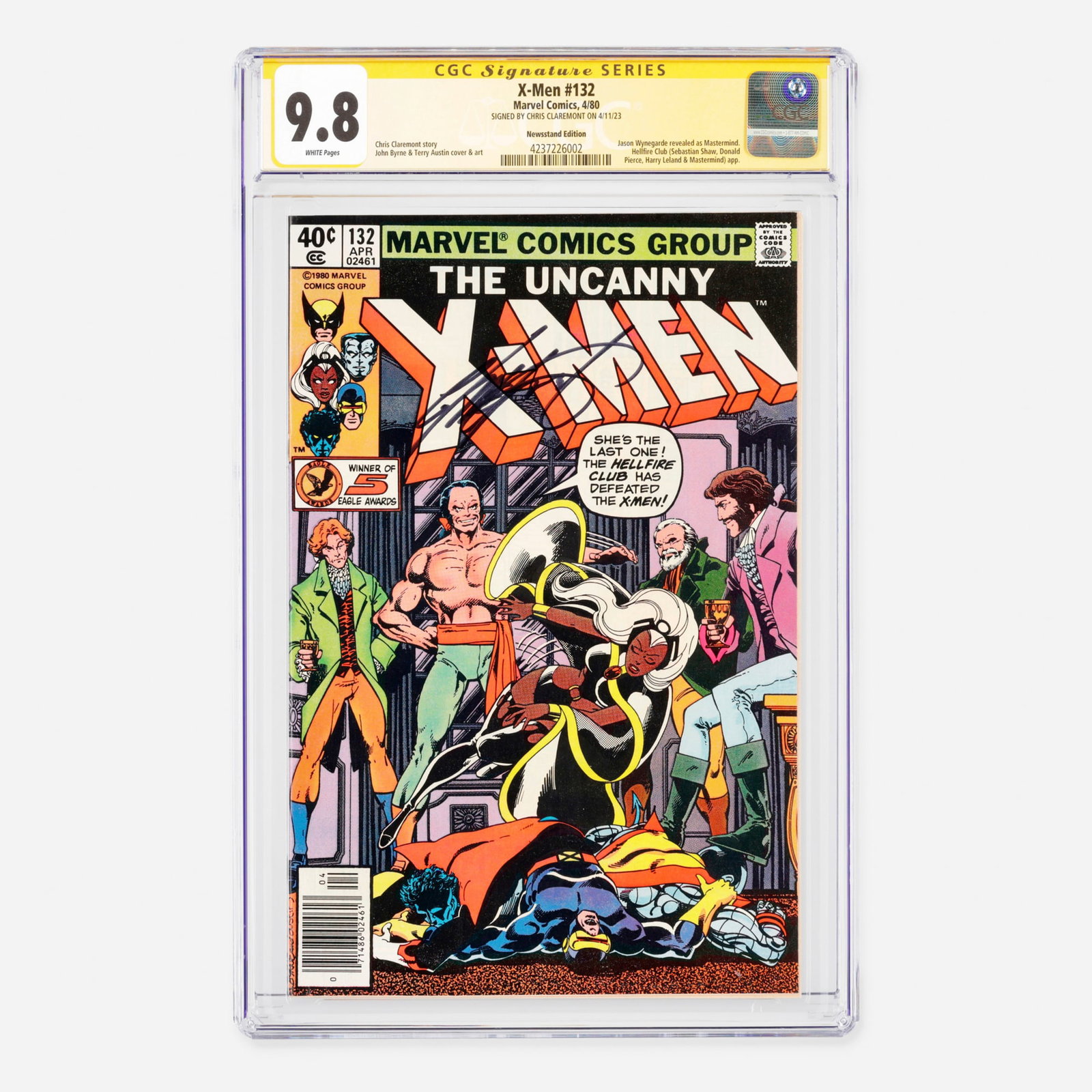 Marvel Comics X-Men #132 CGC 9.8 Newsstand Signature Series Chris Claremont: Marvel Comics X-Men #132 CGC 9.8 Newsstand Signature Series Chris Claremont USA, 1980 A spectacular Bronze Age key issue featuring the revelation of Jason Wynegarde as Mastermind, alongside appearance