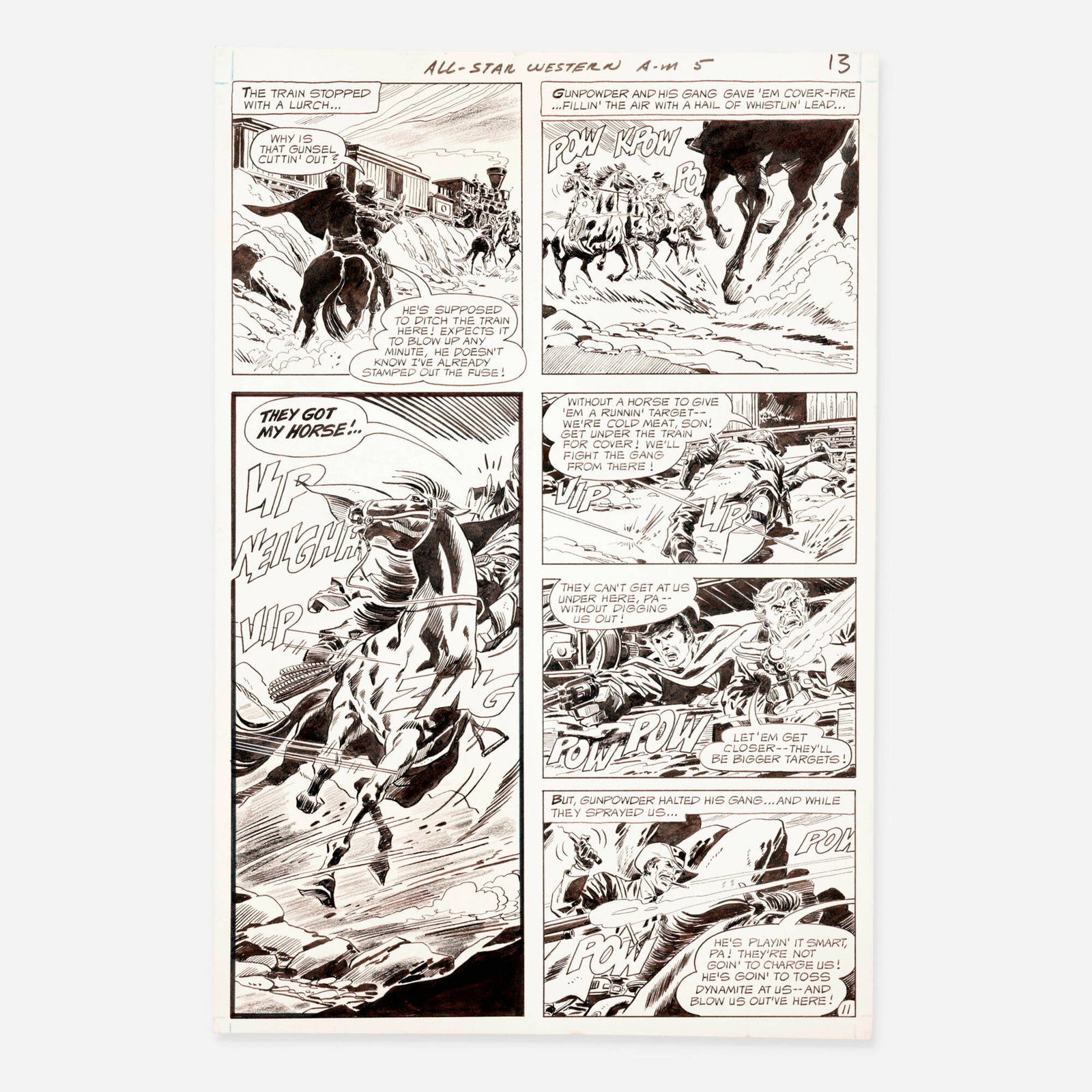 Jim Aparo, All-Star Western #5 Story Page 11 Original Art (DC Comics, 1971): Jim Aparo All-Star Western #5 Story Page 11 Original Art (DC Comics, 1971) pencil and ink on Bristol board, word balloons inked directly on board 15.75 h x 10.5 w in (40 x 27 cm) This is a Bronze Age 