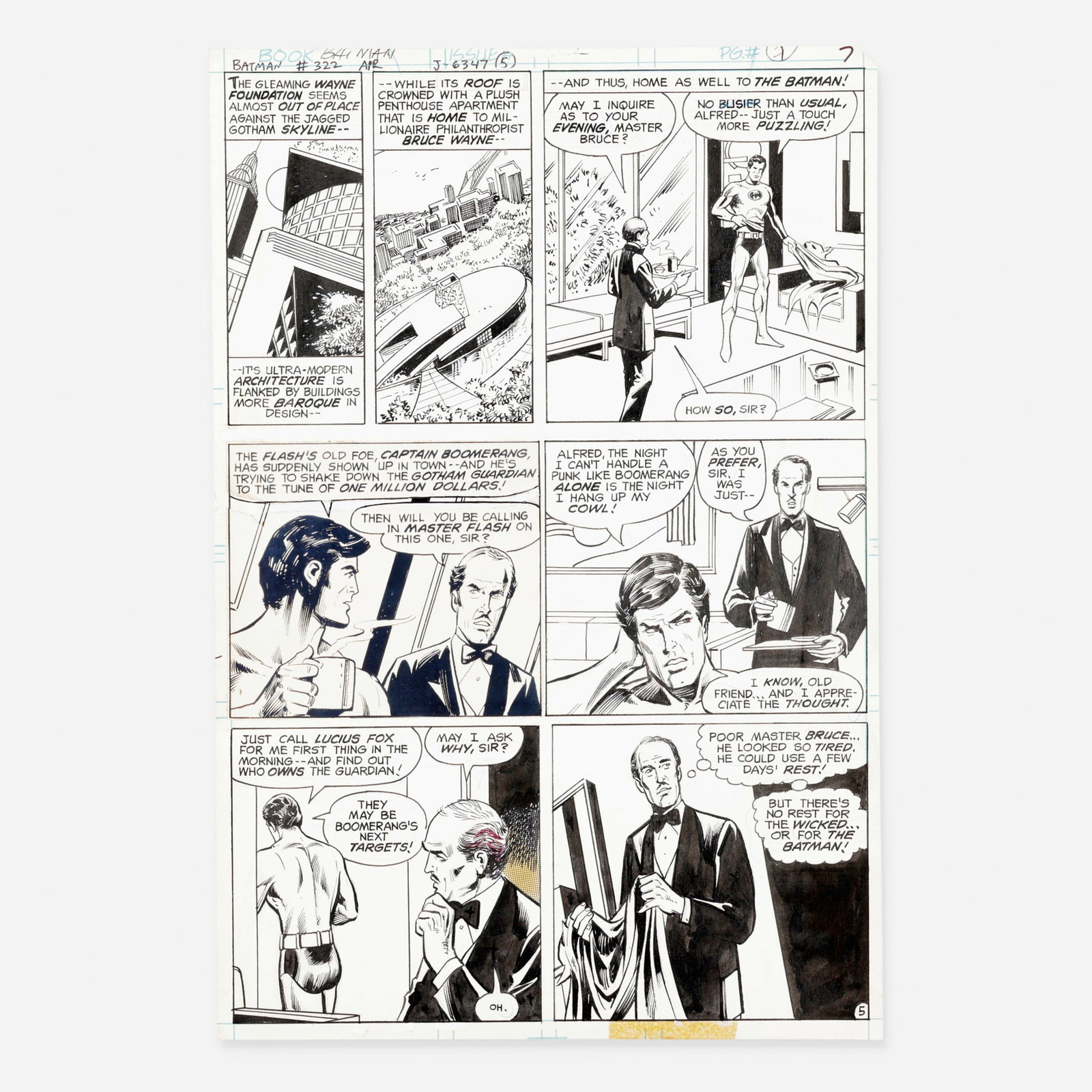 Irv Novick and Vince Colletta, Batman #322 Story Page 7 Original Art (DC Comics, 1980): Irv Novick and Vince Colletta Batman #322 Story Page 7 Original Art (DC Comics, 1980) pencil and ink on Bristol board, word balloons inked directly on board 15.5 h x 10.5 w in (39 x 27 cm) This is a s