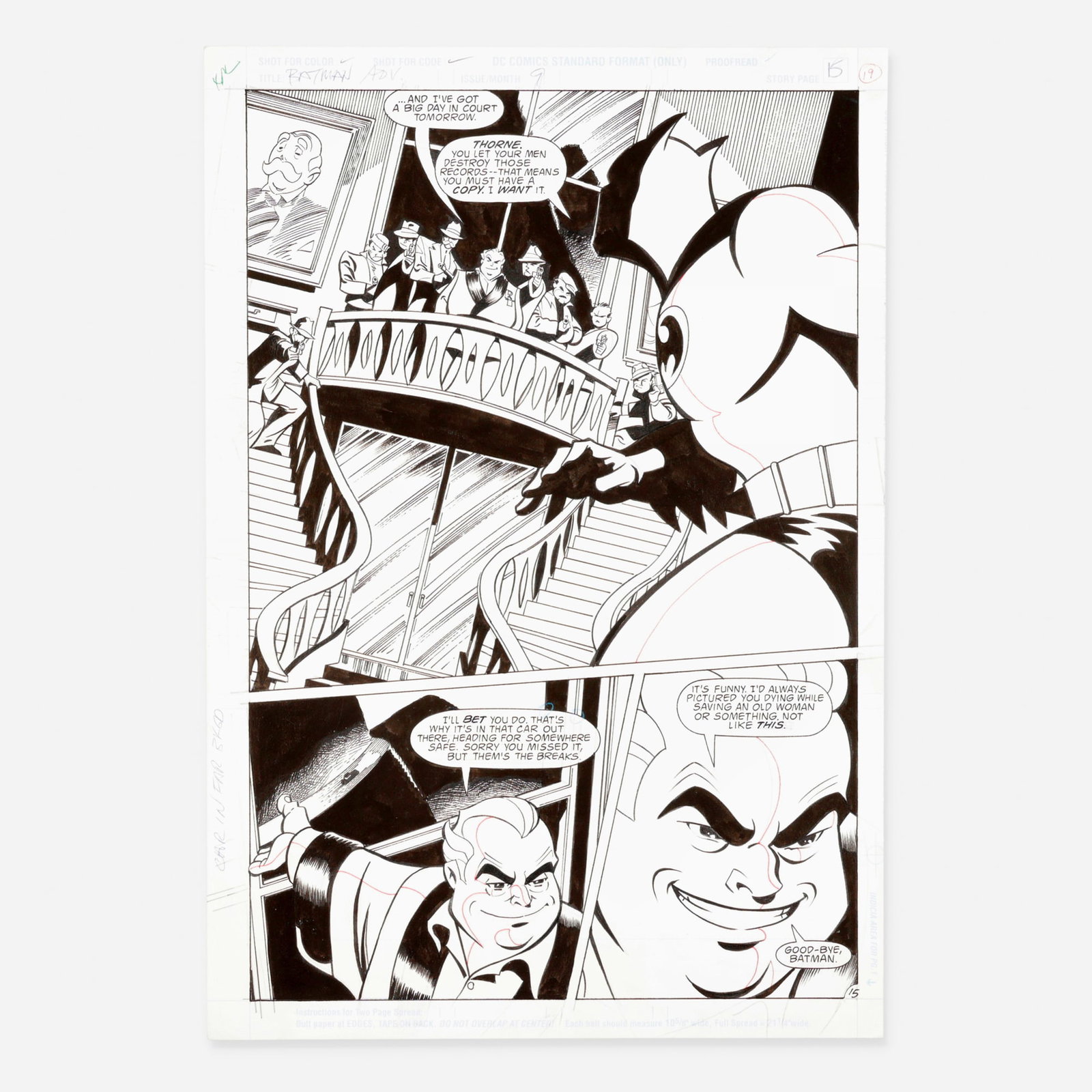 Mike Parobeck and Rick Burchett, Batman Adventures #9 Story Page 15 (DC Comics, 1993): Mike Parobeck and Rick Burchett Batman Adventures #9 Story Page 15 (DC Comics, 1993) pencil and ink on Bristol board, word balloons inked directly on board 16.5 h x 11.25 w in (42 x 29 cm) This is a s