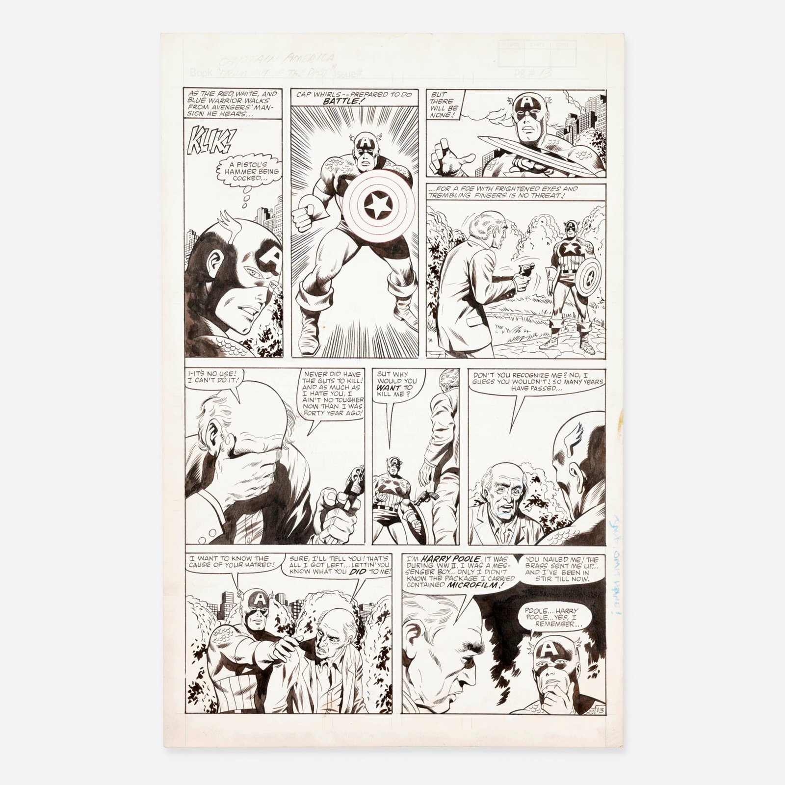 Sal Buscema Jack Abel, Captain America 'From Out of the Past' Story Page 13 Unpublished Original Art: Sal Buscema and Jack Abel Captain America 'From Out of the Past' Story Page 13 Unpublished Original Art (Marvel Comics) pencil and ink on Bristol board, word balloons inked directly on board 17 h x 11