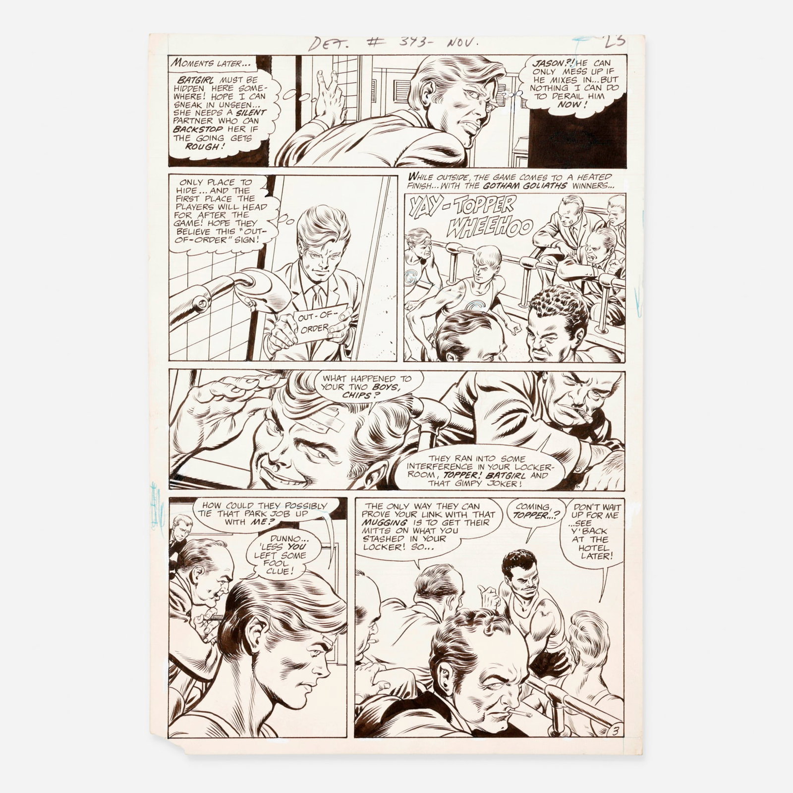Bob Brown and Joe Giella, Detective Comics #393 Story Page 23 Original Art (DC Comics, 1969): Bob Brown and Joe Giella Detective Comics #393 Story Page 23 Original Art (DC Comics, 1969) pencil and ink on Bristol board, word balloons inked directly on board 15.75 h x 11 w in (40 x 28 cm) This i