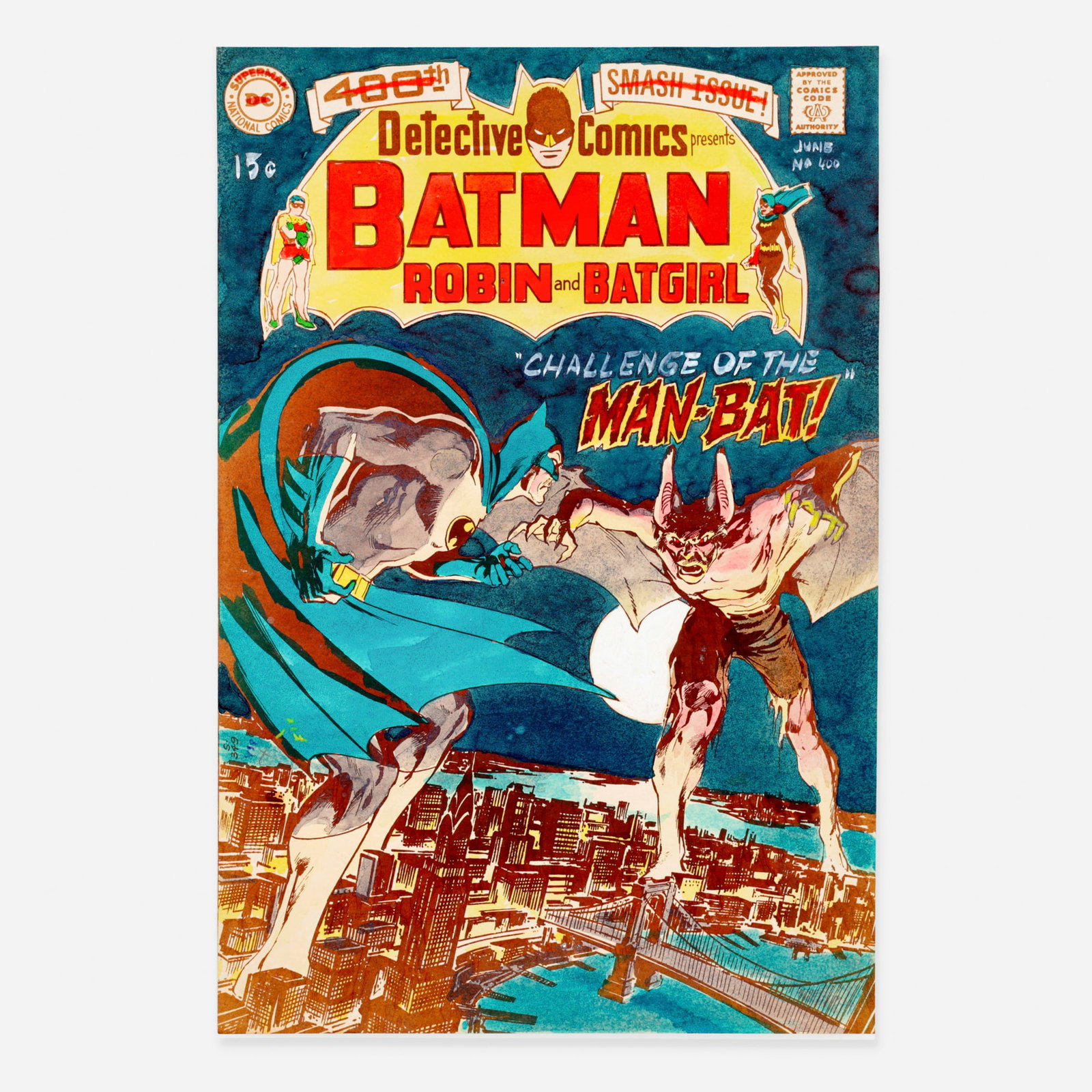 Detective Comics #400 Cover Color Guide Original Art (DC Comics, 1970): Detective Comics #400 Cover Color Guide Original Art (DC Comics, 1970) mixed media on paper 10.5 h x 7 w in (27 x 18 cm) Condition Notes: Some wrinkling due to coloring process. Art is in overall very