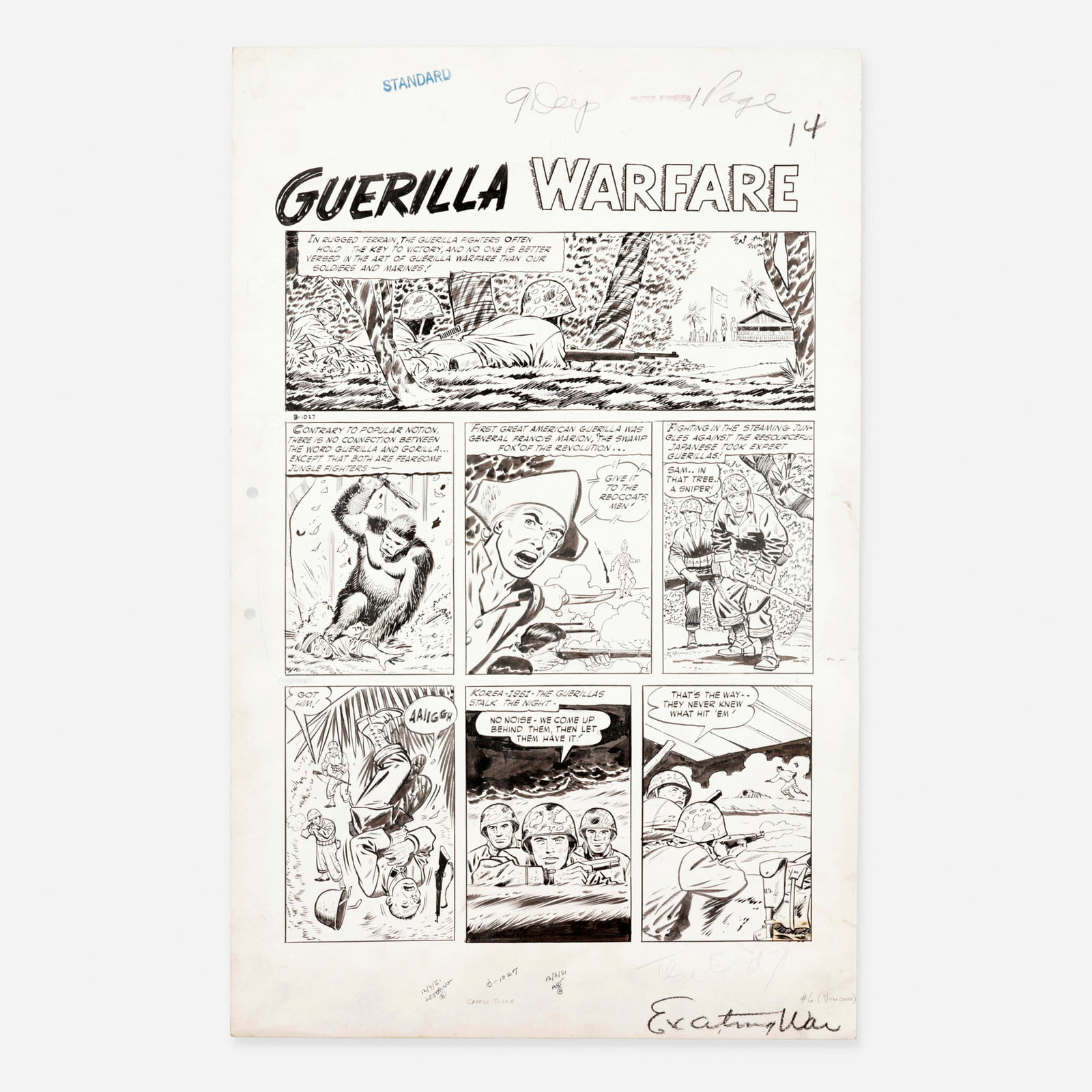 George Tuska, Exciting War #6 "Guerilla Warfare" Complete 1-Page Story Original Art: George Tuska Exciting War #6 "Guerilla Warfare" Complete 1-Page Story Original Art (Pines/Standard, 1952) pencil and ink on Bristol board, word balloons inked directly on board 22.5 h x 14.75 w in (57