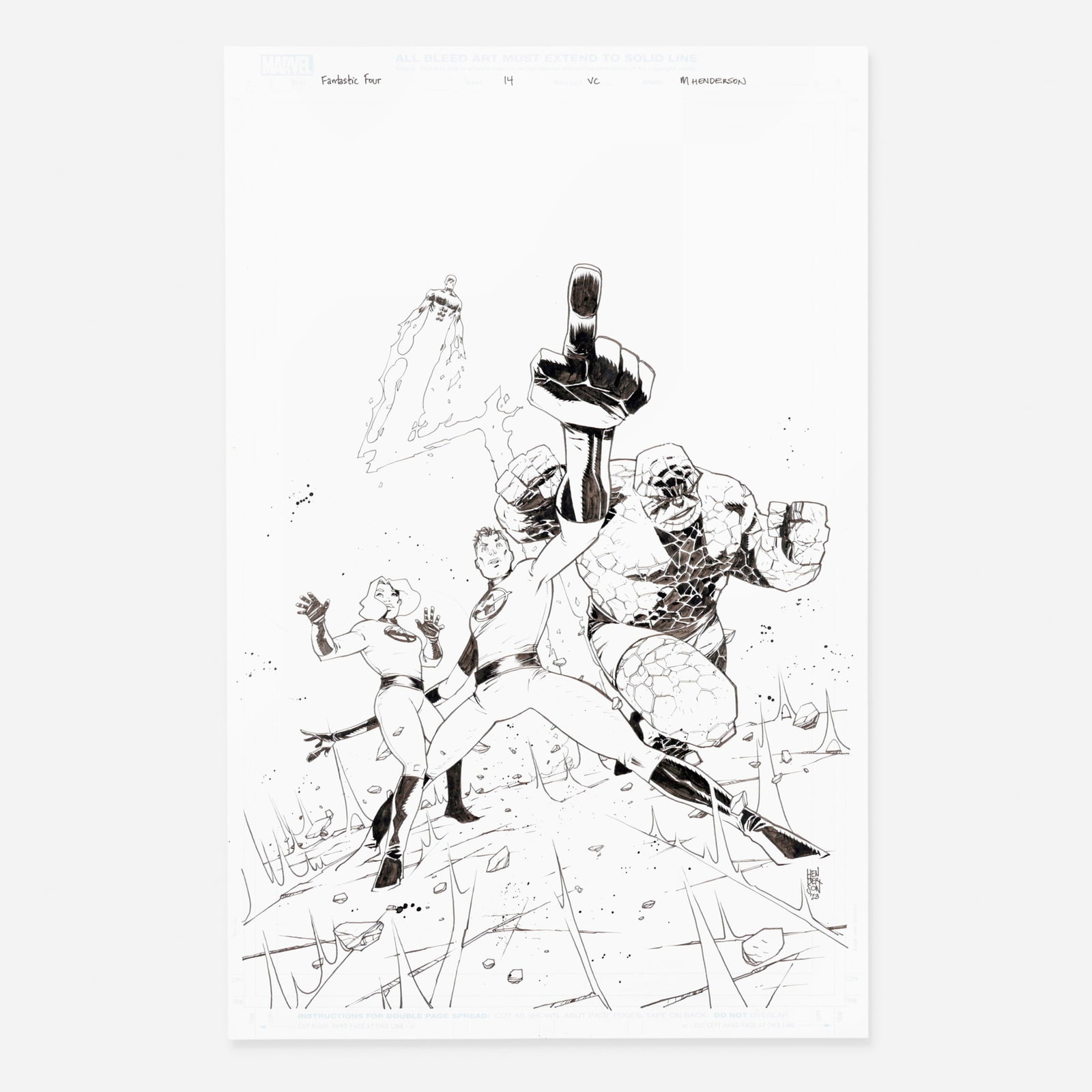 Mike Henderson, Fantastic Four #14 Variant Cover Original Art (Marvel Comics, 2023): Mike Henderson Fantastic Four #14 Variant Cover Original Art (Marvel Comics, 2023) pencil and ink on Bristol board 17 h x 11 w in (43 x 28 cm) This showcases the artist's dynamic style applied to