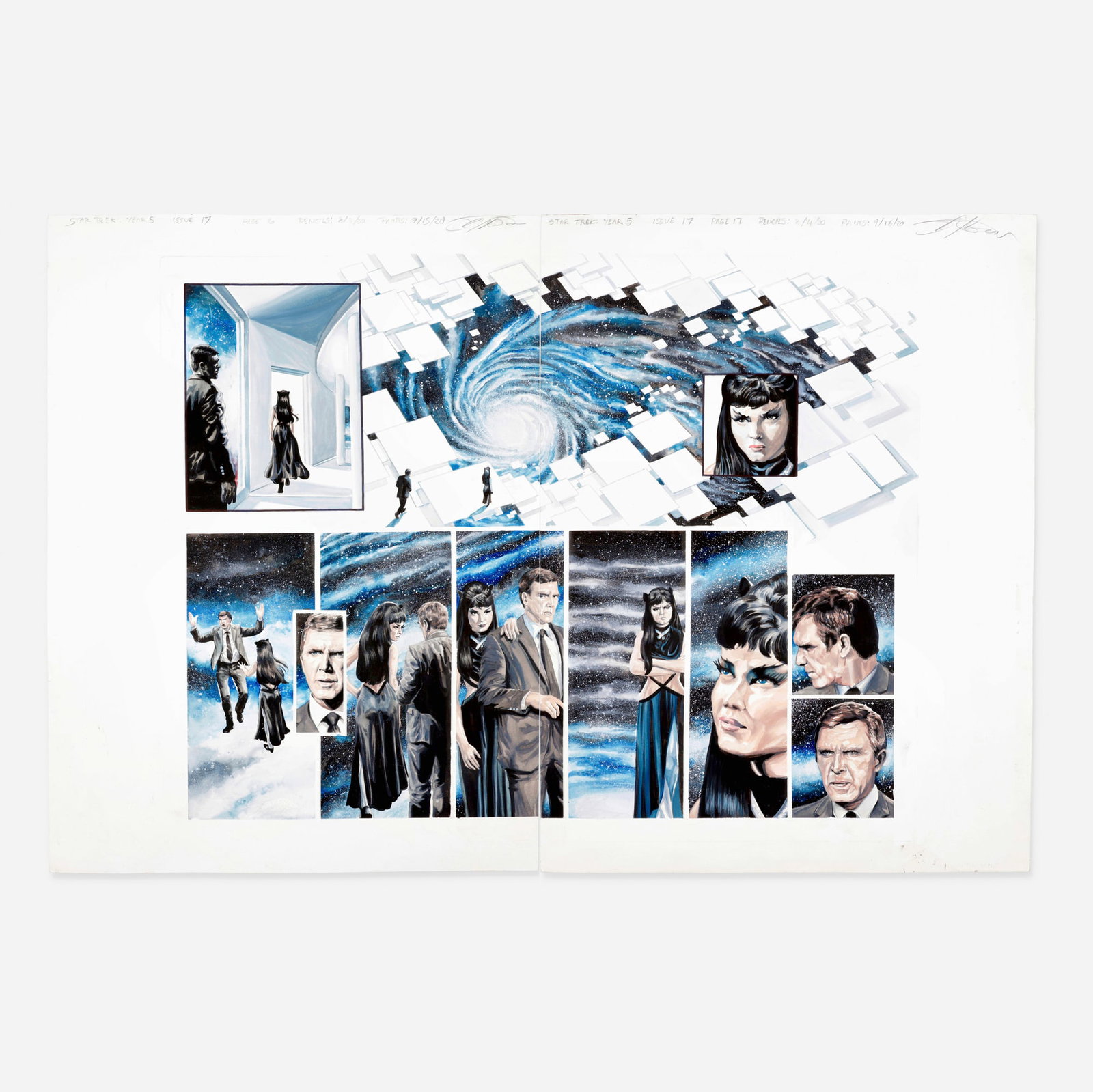 J.K. Woodward, Star Trek: Year 5 Issue 17 Story Pages 6 and 7 Original Art (IDW, 2020): J.K. Woodward Star Trek: Year 5 Issue 17 Story Pages 6 and 7 Original Art (IDW, 2020) pencil, ink, and watercolor on Bristol board 24 h x 36 w in (61 x 91 cm) This work will ship from Millville, Massa