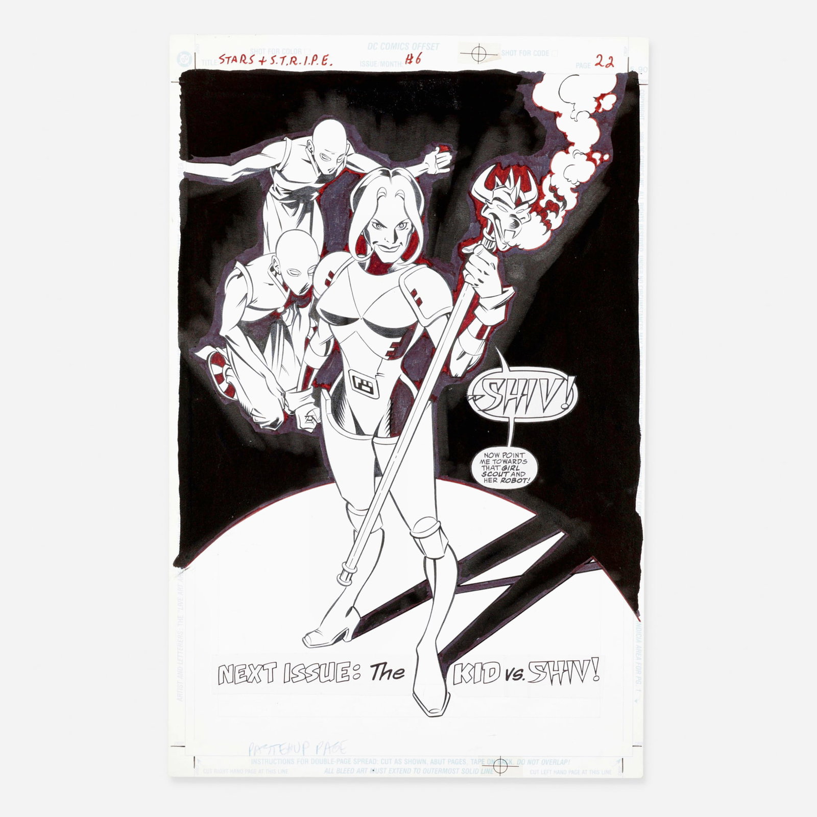 Lee Moder and Dan Davis, Stars & S.T.R.I.P.E. #6 Story Page 22 Original Art (DC Comics,1999): Lee Moder and Dan Davis Stars & S.T.R.I.P.E. #6 Story Page 22 Original Art (DC Comics,1999) pencil and ink on Bristol board, word balloons pasted onto artwork 17 h x 11 w in (43 x 28 cm) Condition Not