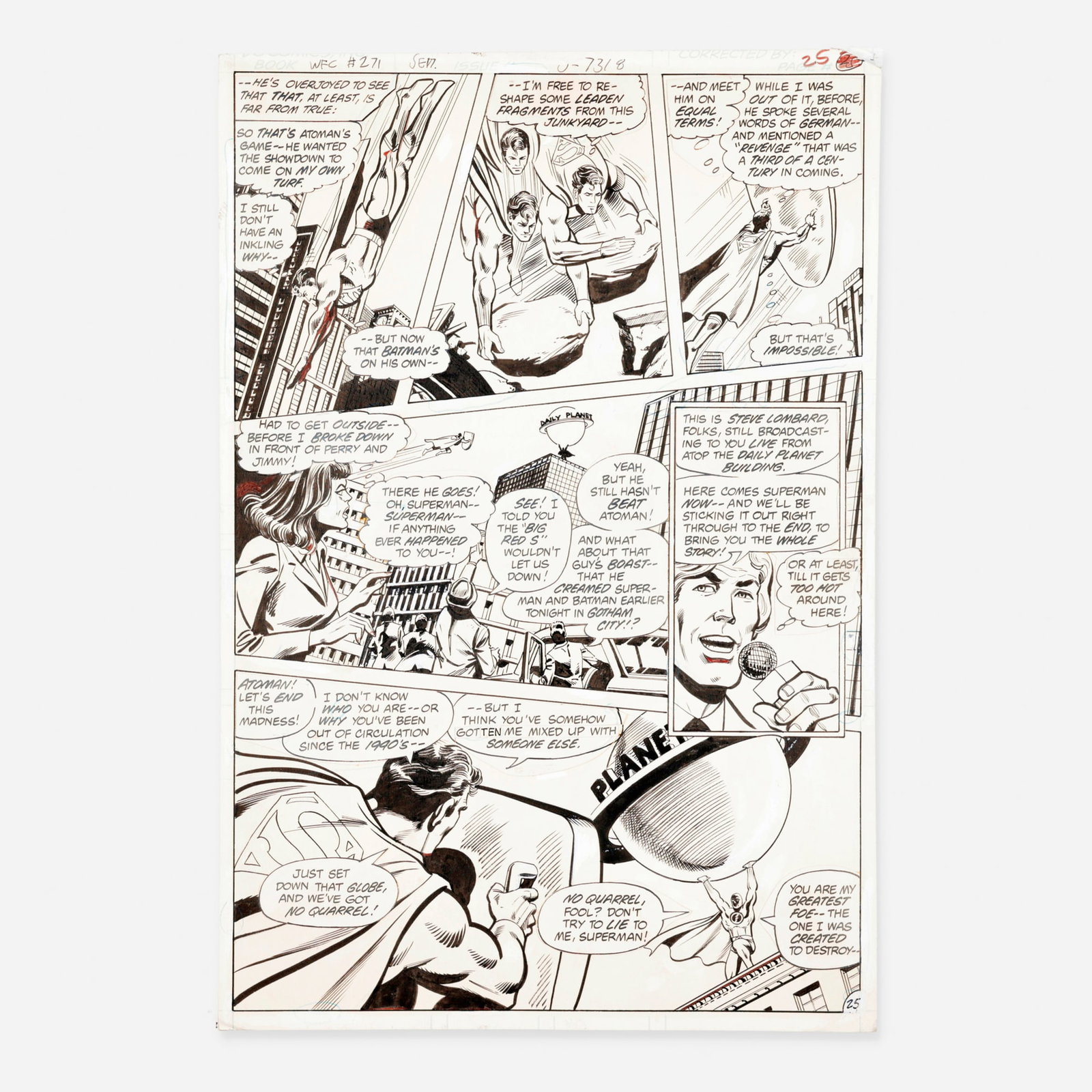 Rich Buckler and Frank McLaughlin, World's Finest #271 Story Page 25 Original Art (DC Comics, 1981): Rich Buckler and Frank McLaughlin World's Finest #271 Story Page 25 Original Art (DC Comics, 1981) pencil and ink on Bristol board, word balloons pasted onto artwork 15.75 h x 10.5 w in (40 x 27 cm) T