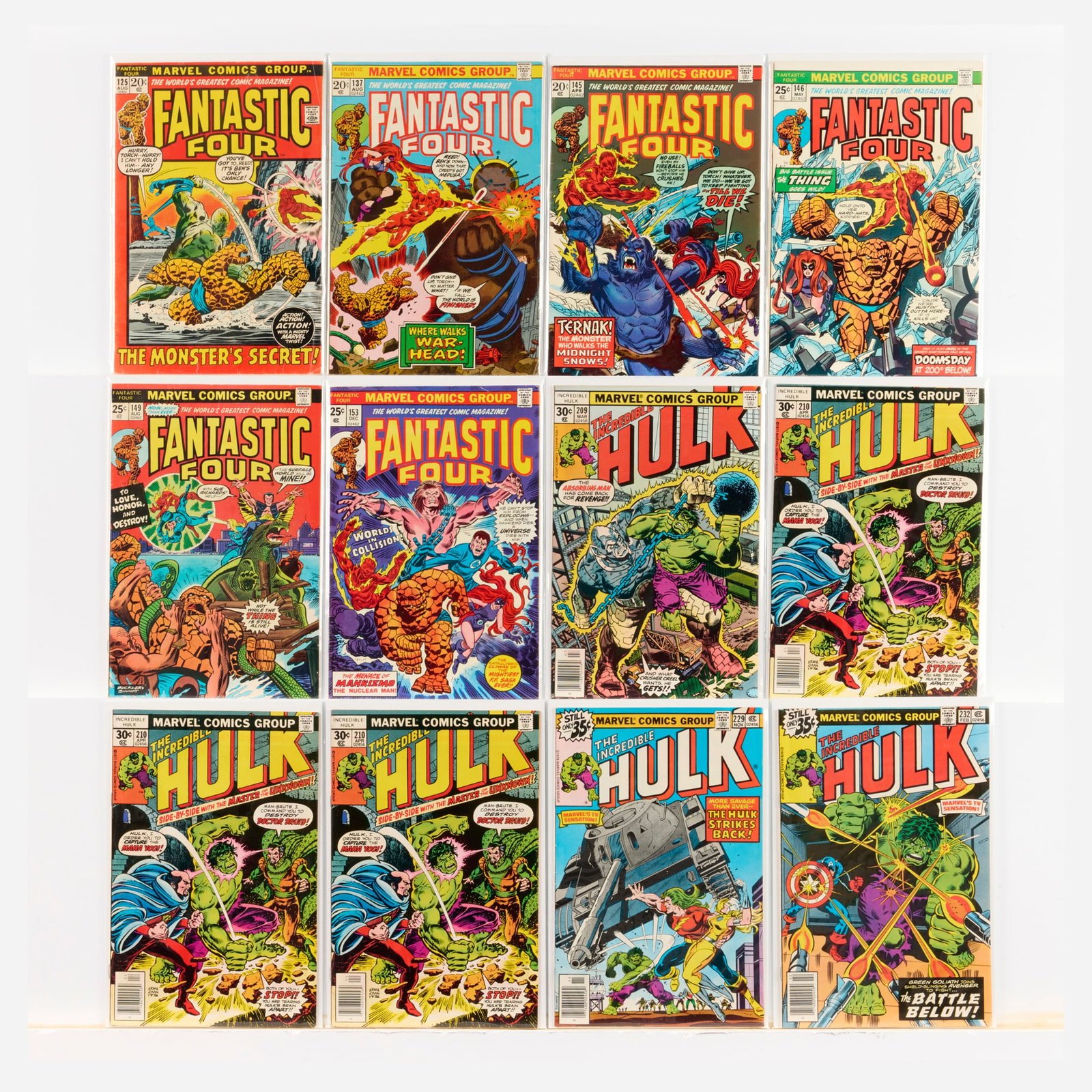 24 Marvel Comics Fantastic Four and Incredible Hulk Group: 24 Marvel Comics Fantastic Four and Incredible Hulk Group USA, 20th Century Group includes: Marvel Comics Fantastic Four #125, #137, #145, #146, #149, #153 (Grades range 3.5-5.5); Incredible Hulk