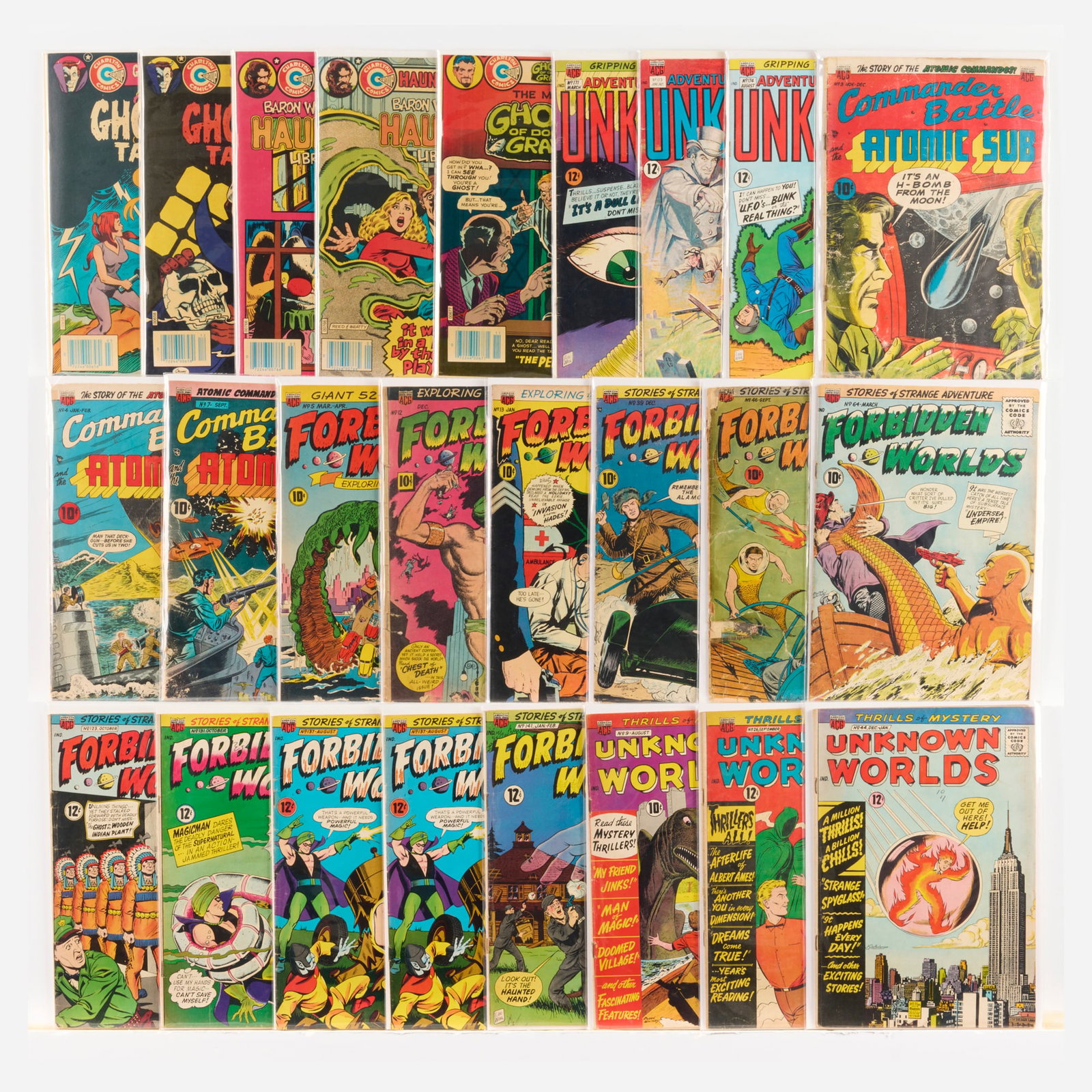25 American Comics Group and Charlton Comics Mixed Title Group: 25 American Comics Group and Charlton Comics Mixed Title Group USA, 20th Century Group includes: American Comics Group Adventures into the Unknown #171-#174 (Grades range 5.0-7.0); Commander Battle