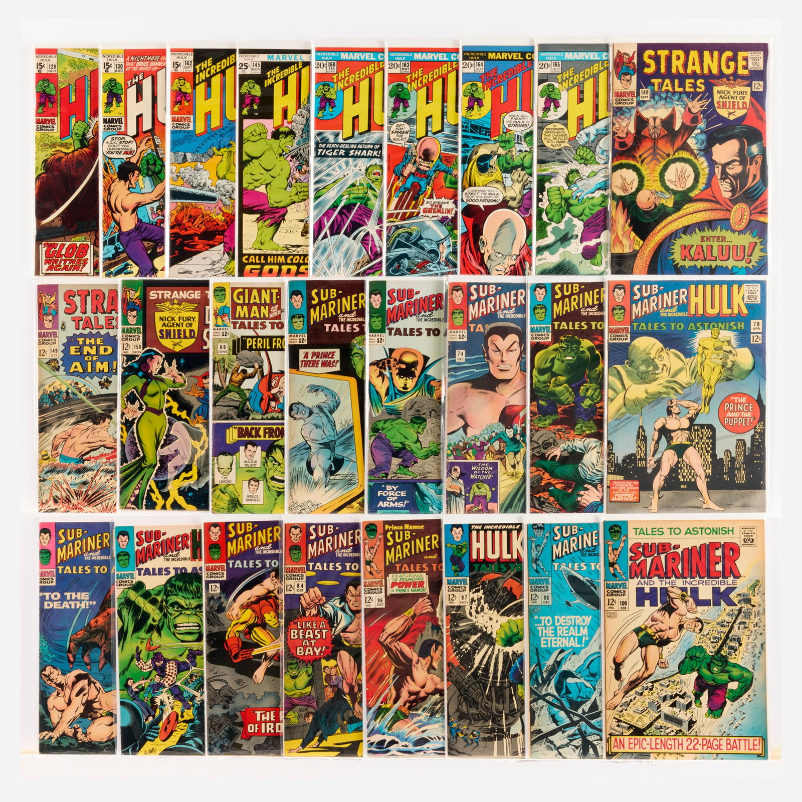 25 Marvel Comics Incredible Hulk, Strange Tales, and Tales to Astonish Group: 25 Marvel Comics Incredible Hulk, Strange Tales, and Tales to Astonish Group USA, 20th Century Group includes: Marvel Comics Incredible Hulk #129, 3130, #143, #145, #160, #163-#165 (Grades range