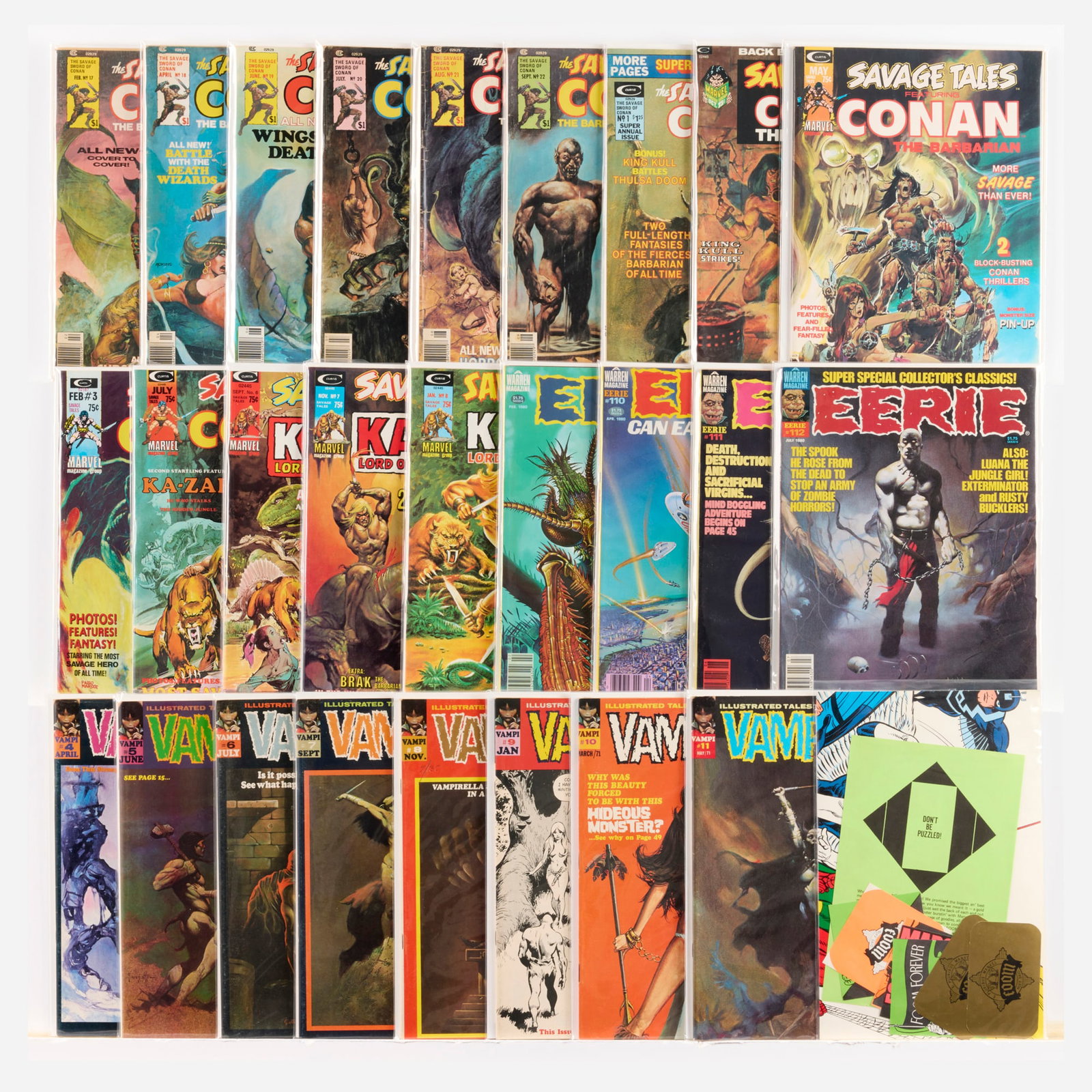 26 Marvel Comis and Warren Publishing Mixed Title Magazine Group with Foom Poster and Welcome Kit: 26 Marvel Comis and Warren Publishing Mixed Title Magazine Group with Foom Poster and Welcome Kit USA, 20th Century Group includes: Marvel Comics Savage Sword of Conan Magazine #17-#20 (Grades range