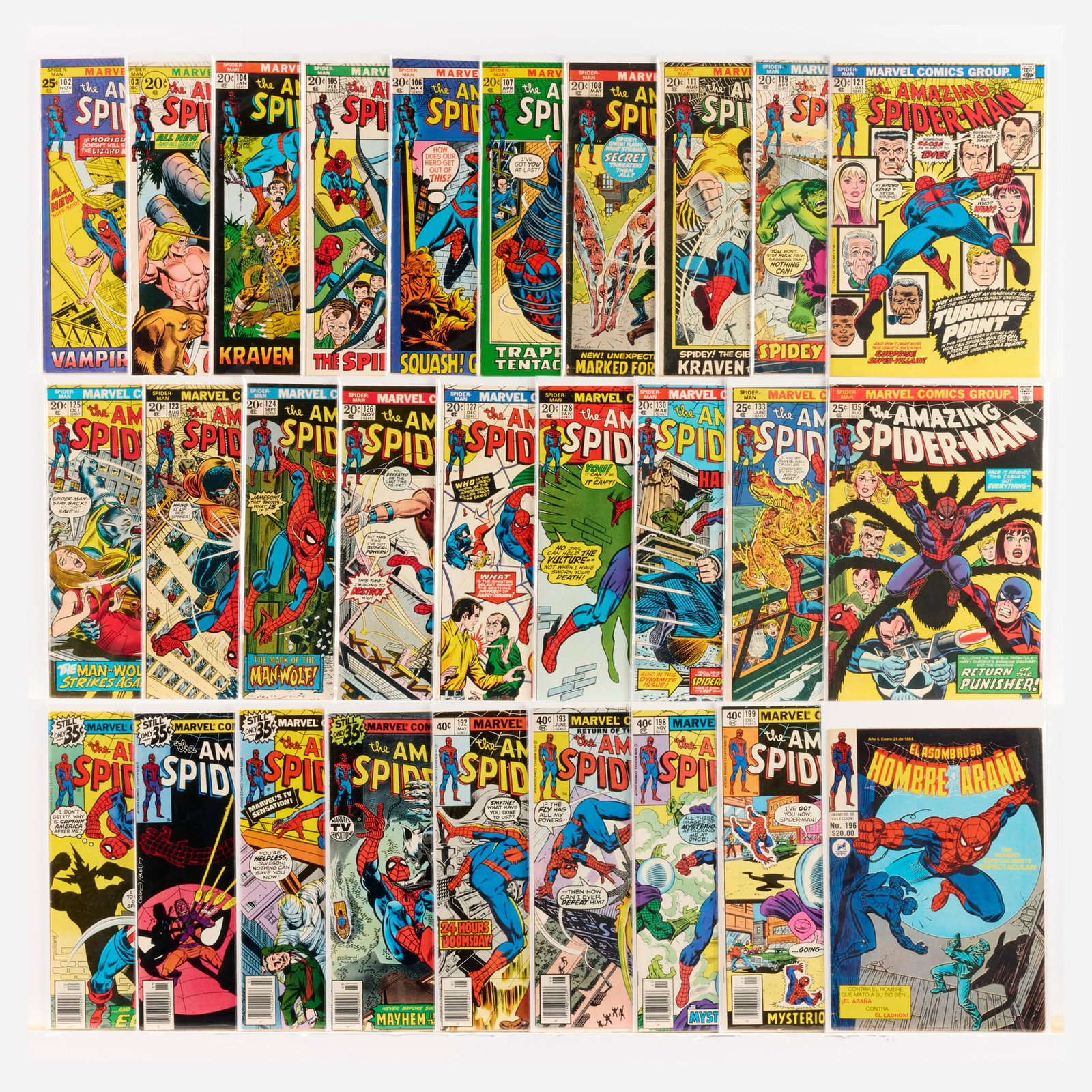 28 Marvel Comics Amazing Spider-Man #102-#200 Group: 28 Marvel Comics Amazing Spider-Man #102-#200 Group USA, 20th Century Group includes: Marvel Comics Amazing Spider-Man #102-#107 (Grades range 4.0-6.0), #108 (2.5), #111 (4.0-6.0), #119 (3.0), #121,