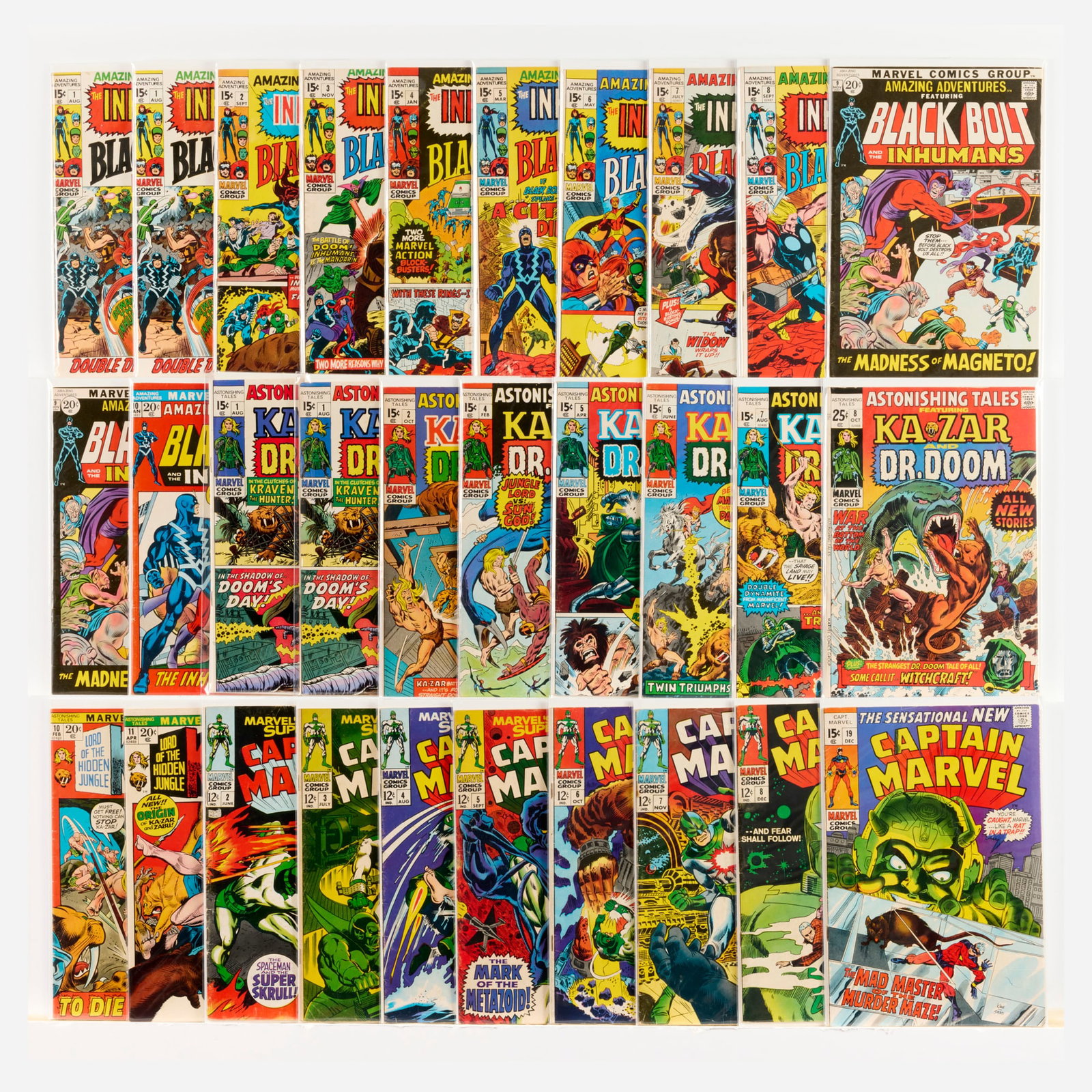 30 Marvel Comics Amazing Adventures, Astonishing Tales and Captain Marvel Group: 30 Marvel Comics Amazing Adventures, Astonishing Tales and Captain Marvel Group USA, 20th Centure Group includes: Marvel Comics Amazing Adventures #1 (x2), #2-#8, #9 (x2). #10 (Grades range 3.0-5.0);