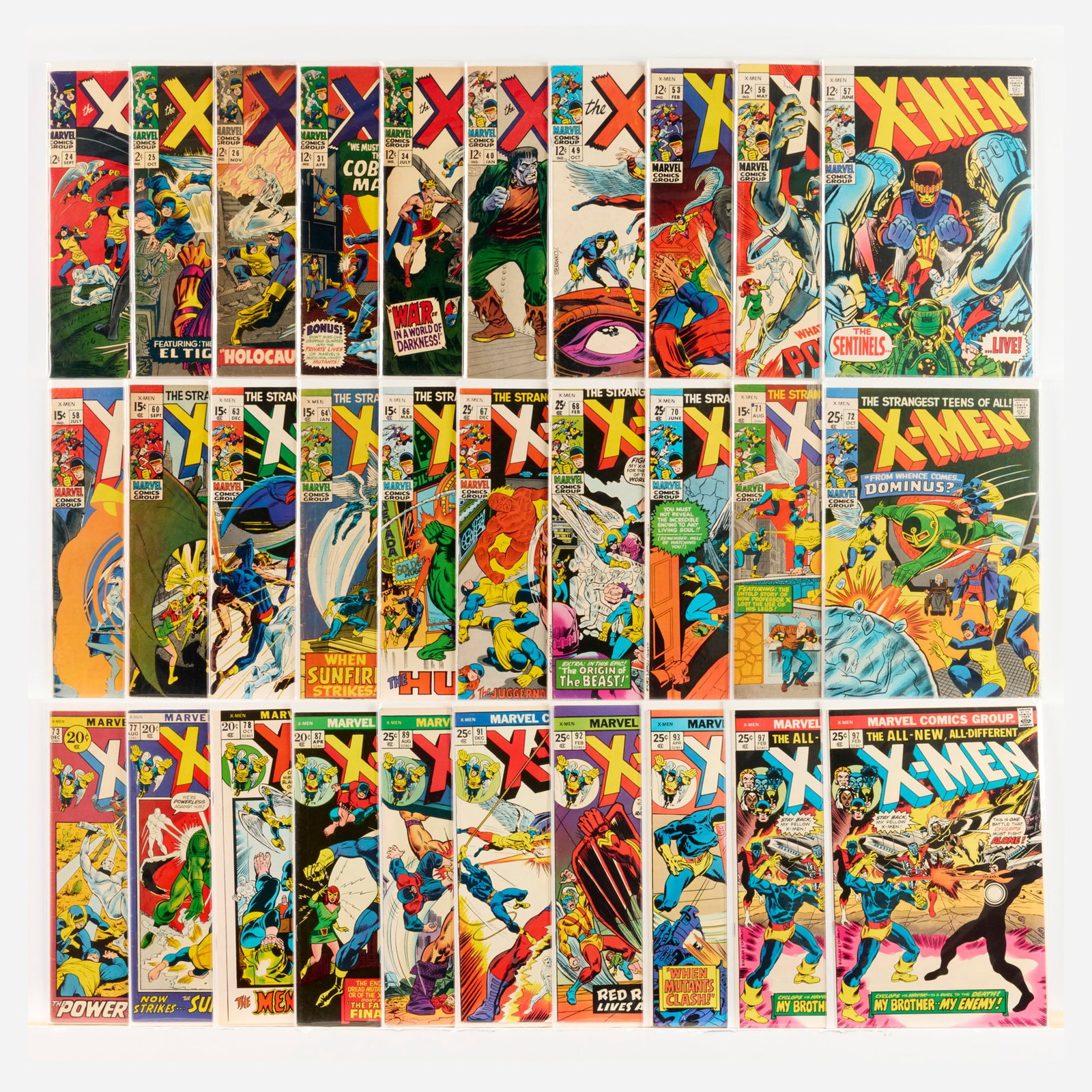 30 Marvel Comics X-Men #24-#97 Group: 30 Marvel Comics X-Men #24-#97 Group USA, 20th Century Group includes: Marvel Comics X-Men #24 (2.5-3.5), 25, #26 (Grades range 3.0-3.5), #31, #34, #40 (Grades range 4.0-5.0), #49, #53, #56 (Grades