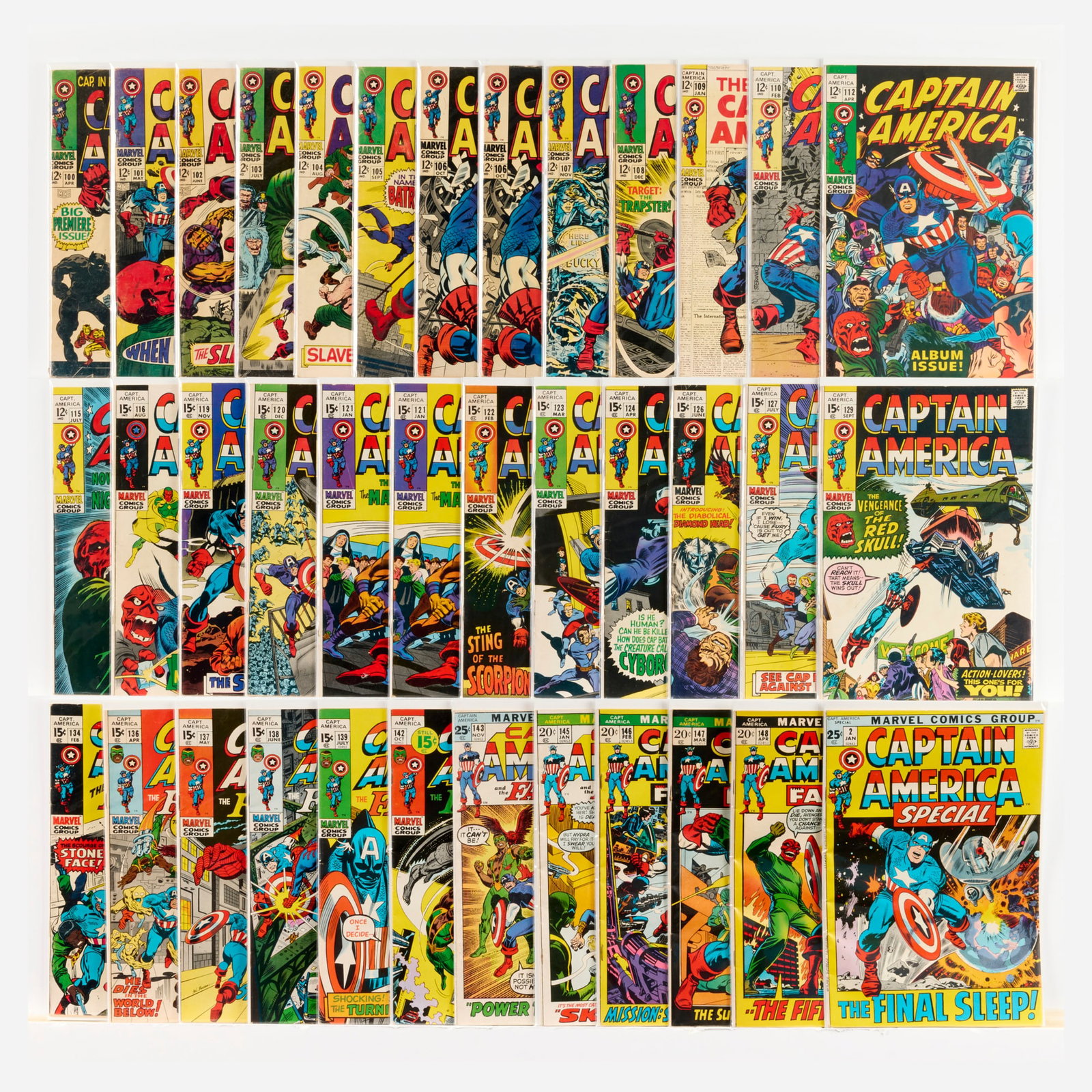 37 Marvel Comics Captain America #110-#148 Group: 37 Marvel Comics Captain America #110-#148 Group USA, 20th Century Group includes: Marvel Comics Captain America #100 (1.8), #101-#104 (Grades range 2.0-4.0), #105 (1.8), #106 (x2), #107-#109 (Grades
