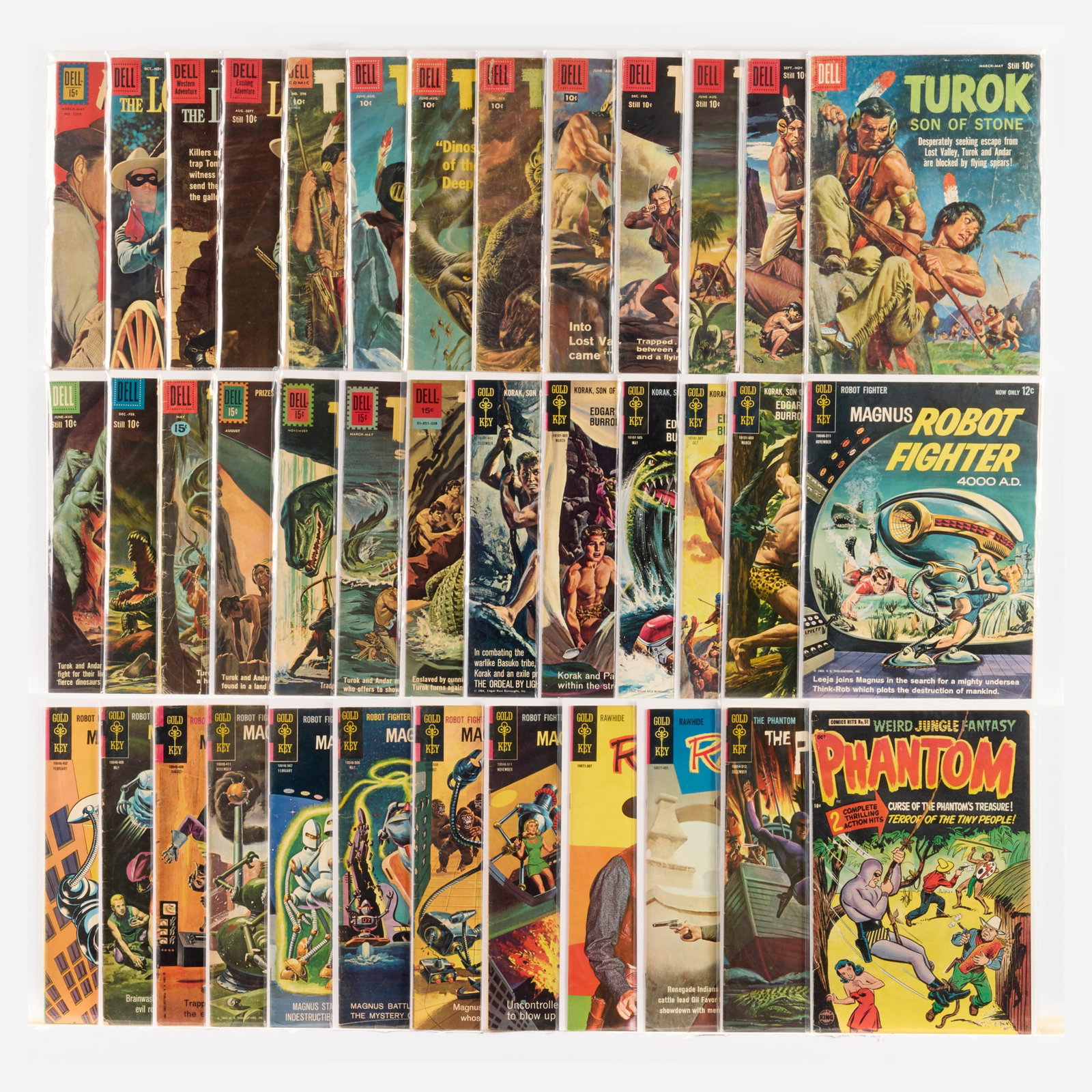 38 Mixed Publisher Mixed Title Group: 38 Mixed Publisher Mixed Title Group USA, 20th Century Group includes: Dell Publishing Four Color #596 [Turok, Son of Stone] (2.0-2.5), #1269 [Rawhide] (5.0-6.0); Lone Ranger #130, #133, #135; Turok,