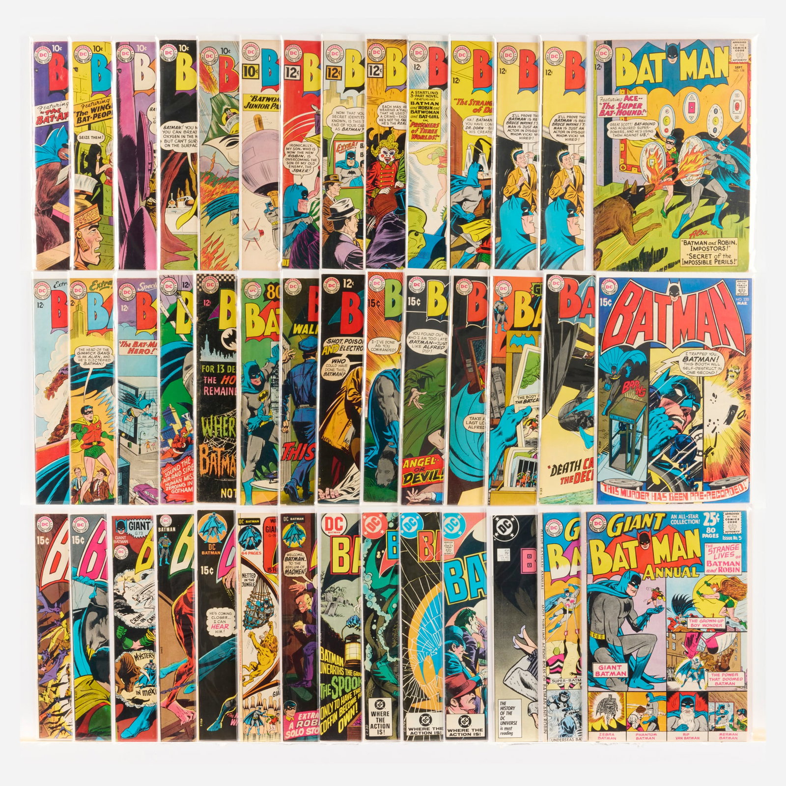 42 DC Comics Batman #114-#404 Group: 42 DC Comics Batman #114-#404 Group USA, 20th Century Group includes: DC Comics Batman #114 (2.5-3.5 moisture wrinkles), #116-#118 (Grades range 4.0-6.0), #136, #141, #145, #151 (Grades range