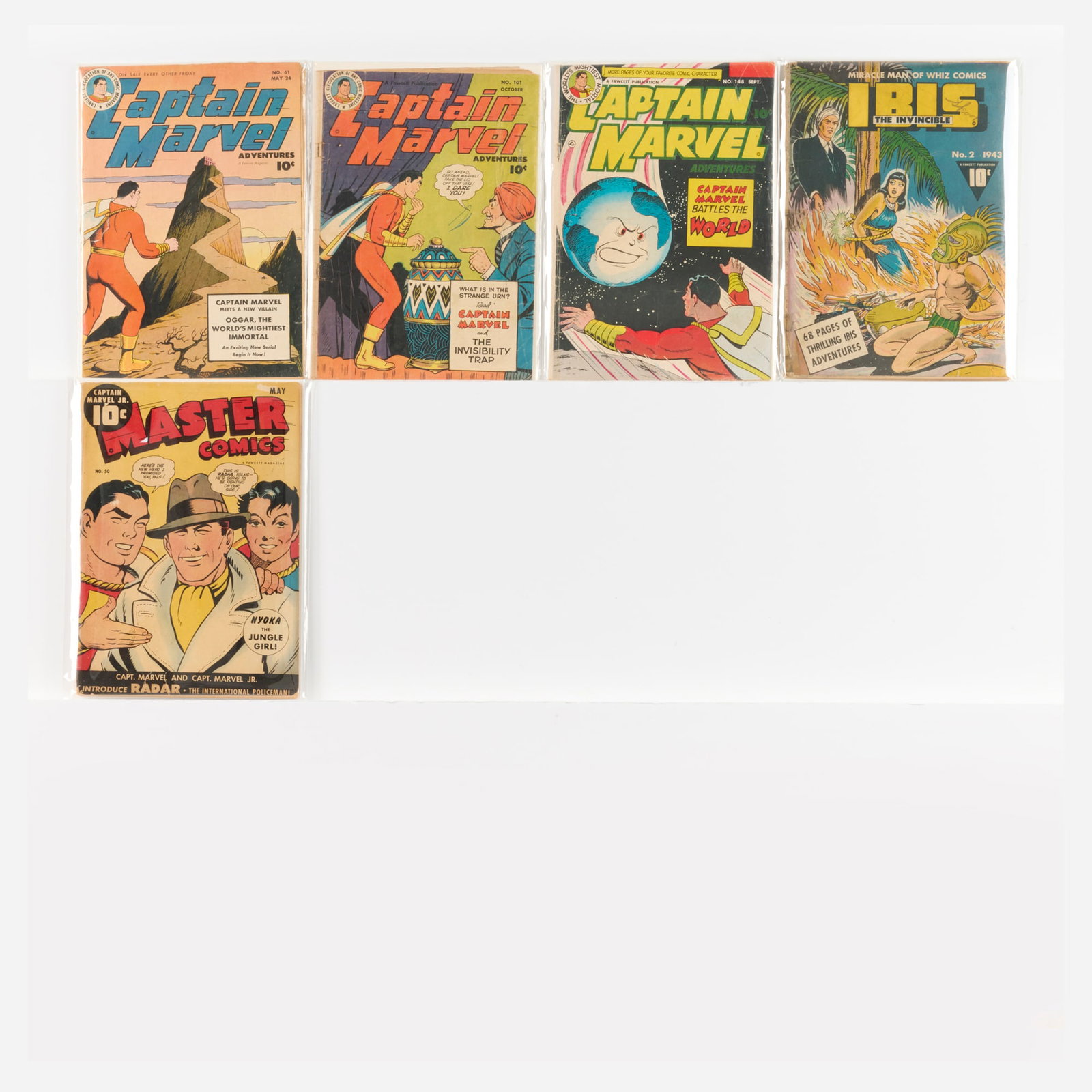 5 Fawcett Publications Mixed Title Group: 5 Fawcett Publications Mixed Title Group USA, 20th Century Group includes: Fawcett Publications Captain Marvel #61 (2.5-3.0 detached cover), #101 (2.0-2.5), #148 (2.0-2.5); Ibis the Invincible #2