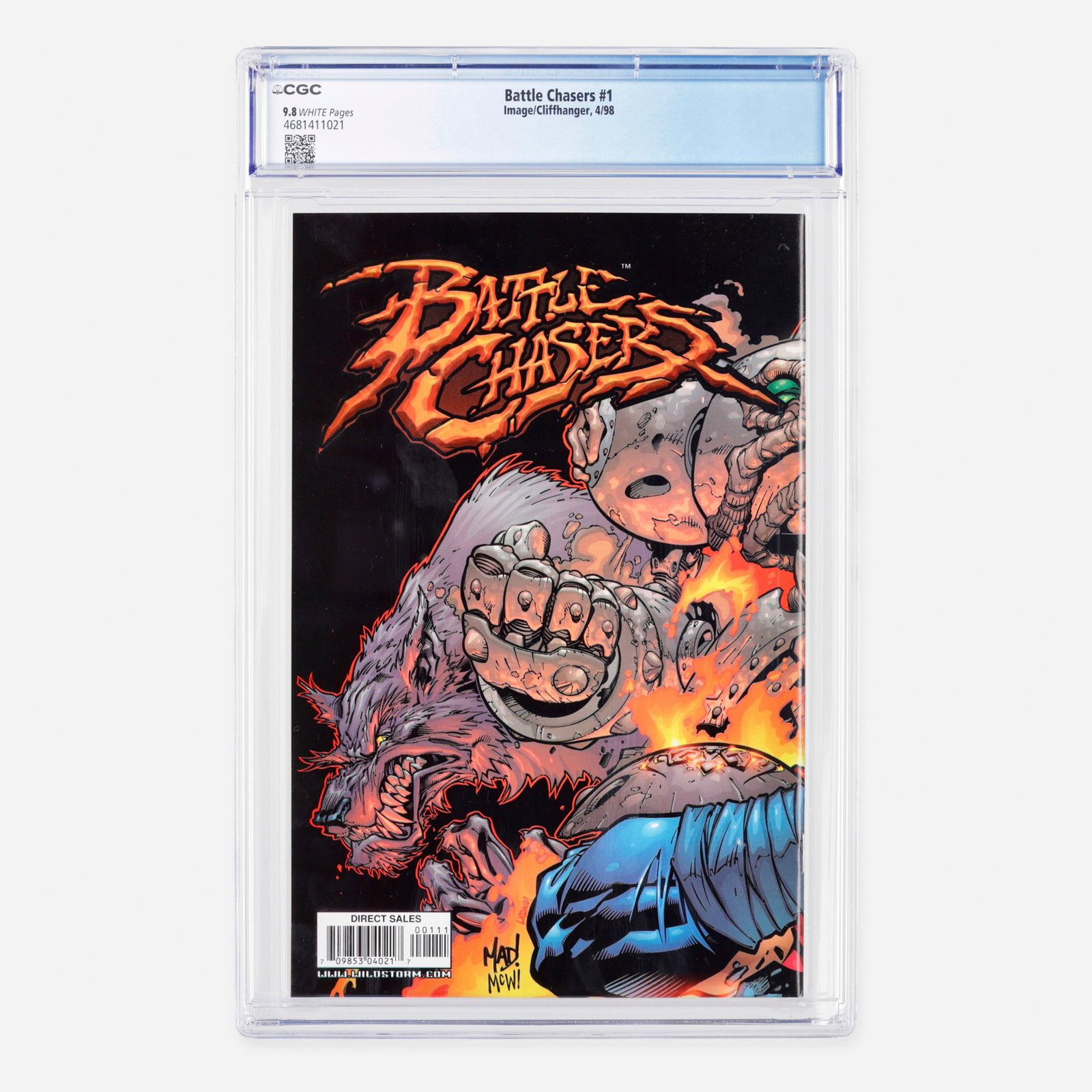 Image/Cliffhanger Battle Chasers #1 CGC 9.8: Image/Cliffhanger Battle Chasers #1 CGC 9.8 USA, 1998 This Modern Age issue features a striking wraparound cover and marks the first appearance of Gully, Red Monika, Garrison, Knolan, and Calibretto. 