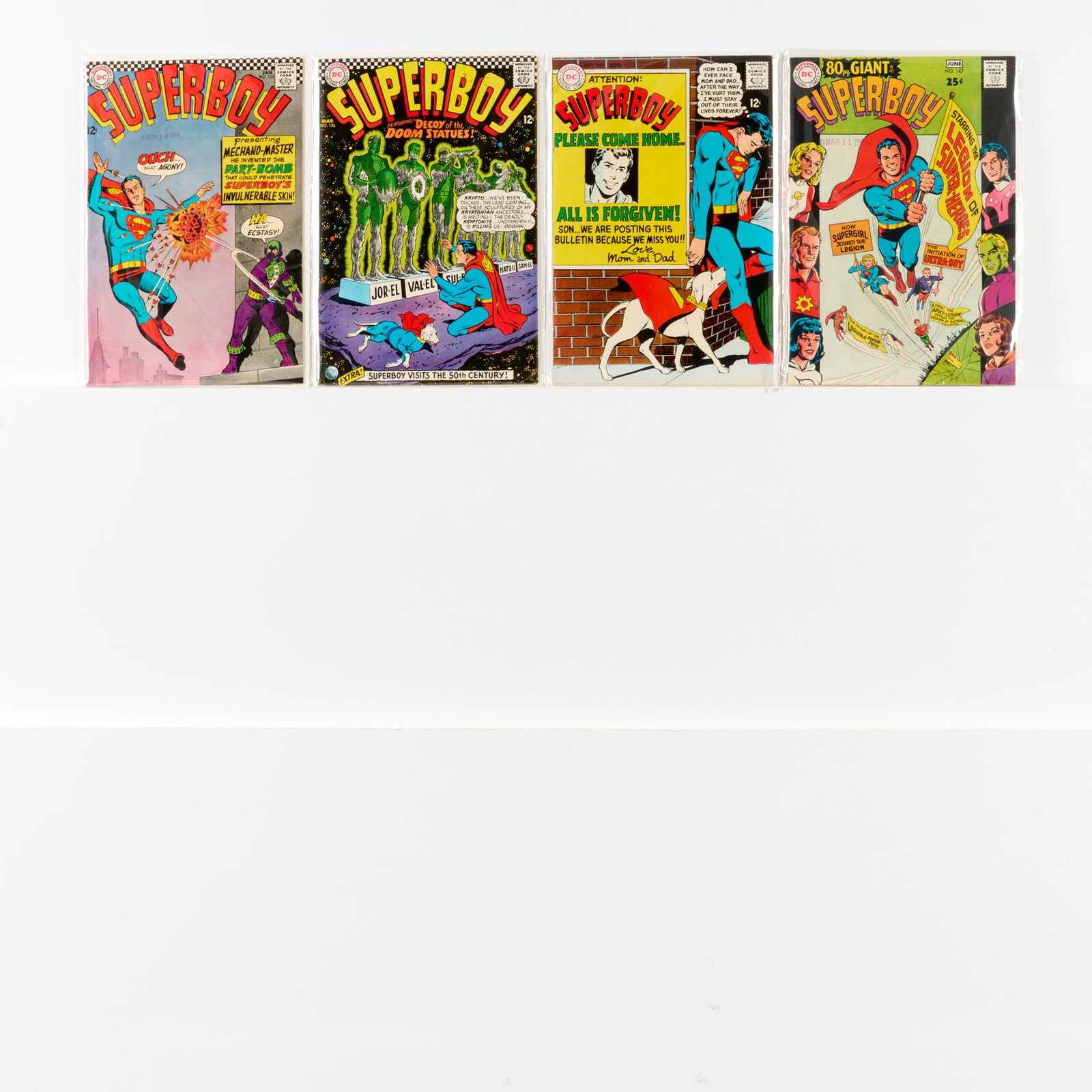 4 DC Comics Superboy #135-#147 Bethlehem Pedigree Group: 4 DC Comics Superboy #135-#147 Bethlehem Pedigree Group USA, 20th Century Group includes: DC Comics Superboy #135, #136, #146, #147 (Grades range 6.0-8.0).Bethlehem Pedigree. This work will s