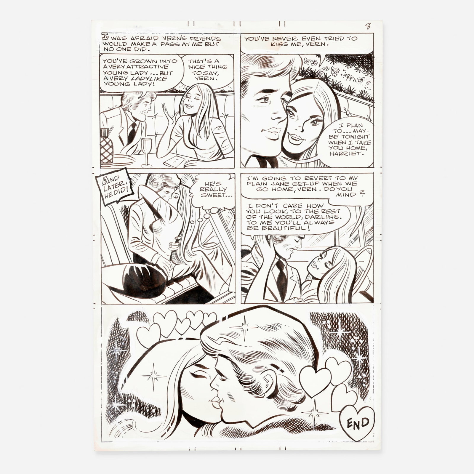 Art Cappello, Charlton Romance Comic Story Page 8 Original Art (Charlton Comics, 1975): Art Cappello Charlton Romance Comic Story Page 8 Original Art (Charlton Comics, 1975) pencil and ink on Bristol board, word balloons inked directly on board 15.5 h x 10.5 w in (39 x 27 cm) This origin
