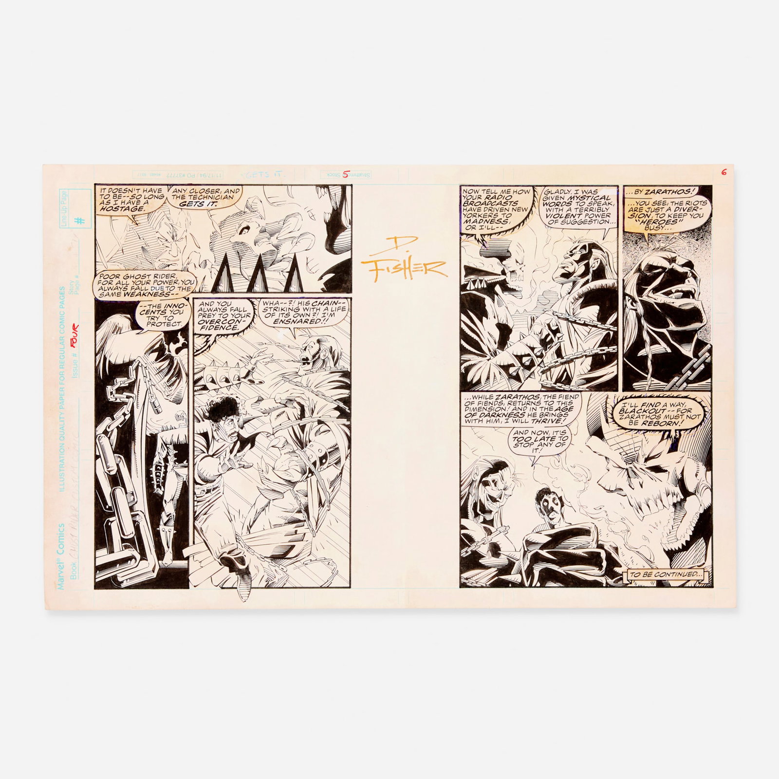 Derek Fisher, Ghost Rider Custom Comic Story Pages 5 and 6 Original Art (Marvel Comics): Derek Fisher Ghost Rider Custom Comic Story Pages 5 and 6 Original Art (Marvel Comics) pencil and ink on Bristol board, word balloons pasted onto artwork 17 h x 11 w in (43 x 28 cm) This original doub