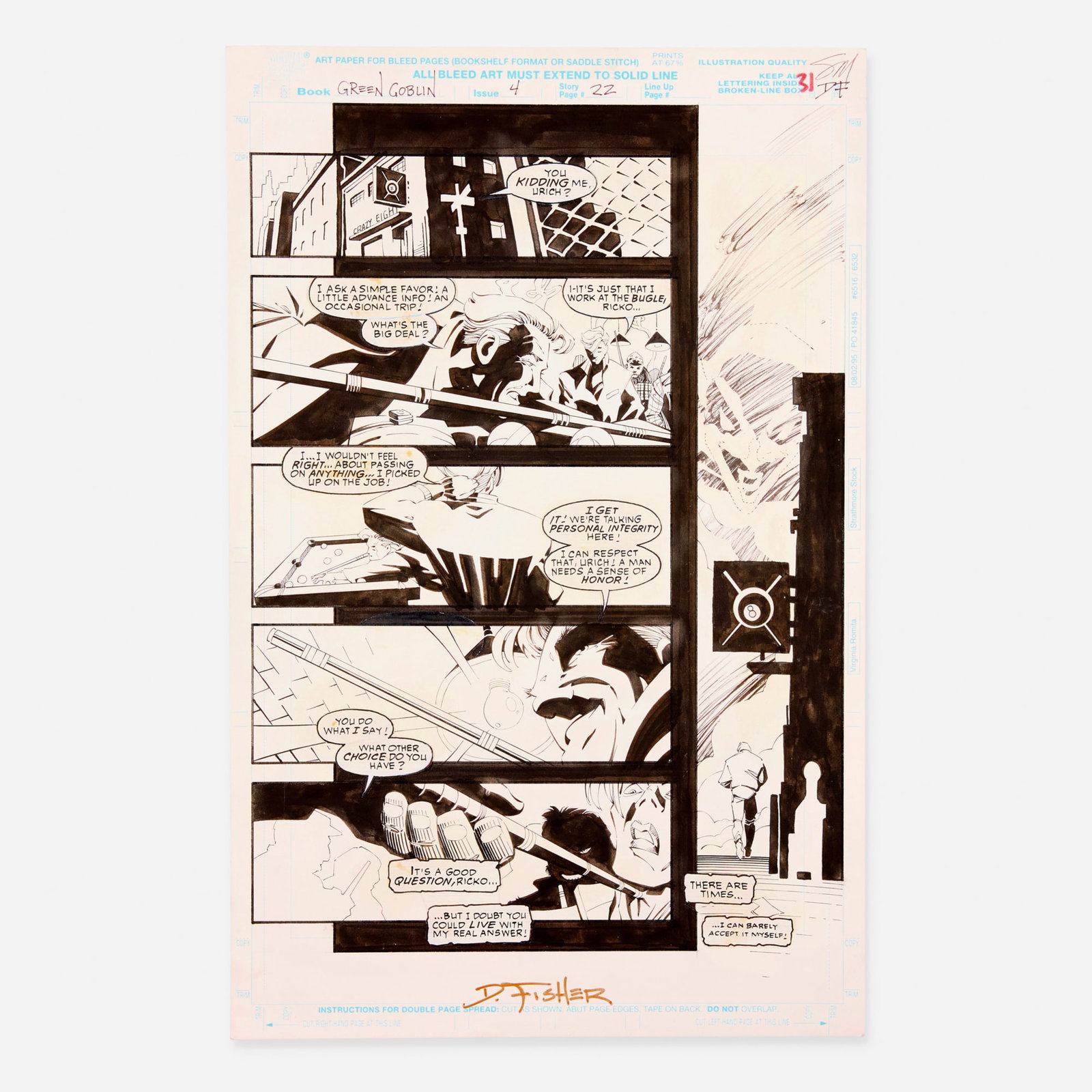 Scott McDaniel and Derek Fisher, Green Goblin #4 Story Page 22 Original Art (Marvel Comics, 1996): Scott McDaniel and Derek Fisher Green Goblin #4 Story Page 22 Original Art (Marvel Comics, 1996) pencil and ink on Bristol board, word balloons pasted onto artwork 17 h x 11 w in (43 x 28 cm) This ori
